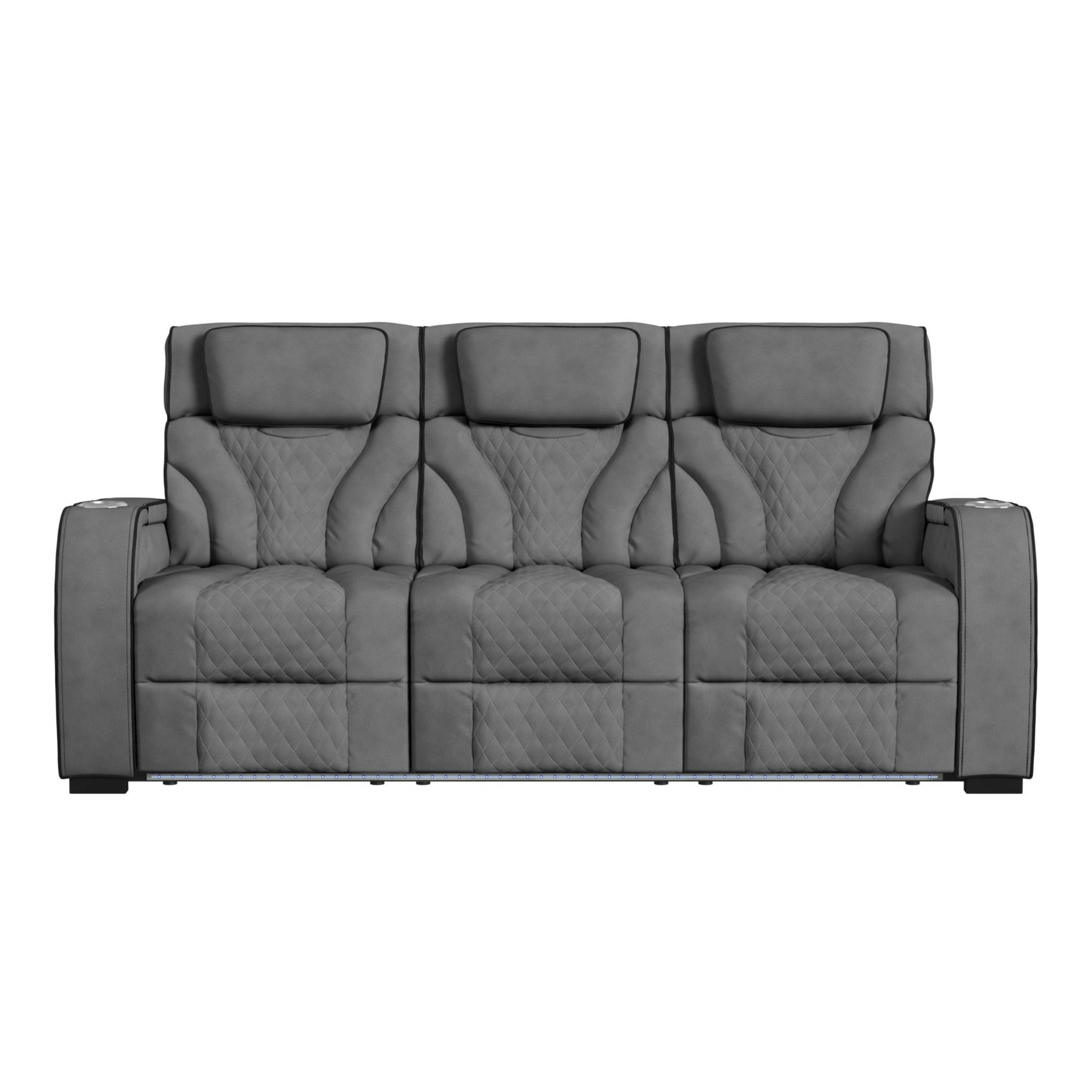 Blitz Motion Sofa with DDT, Reading Light, Wireless Charger and LED in Simba Slate and Black Welt - Tampa Furniture Outlet