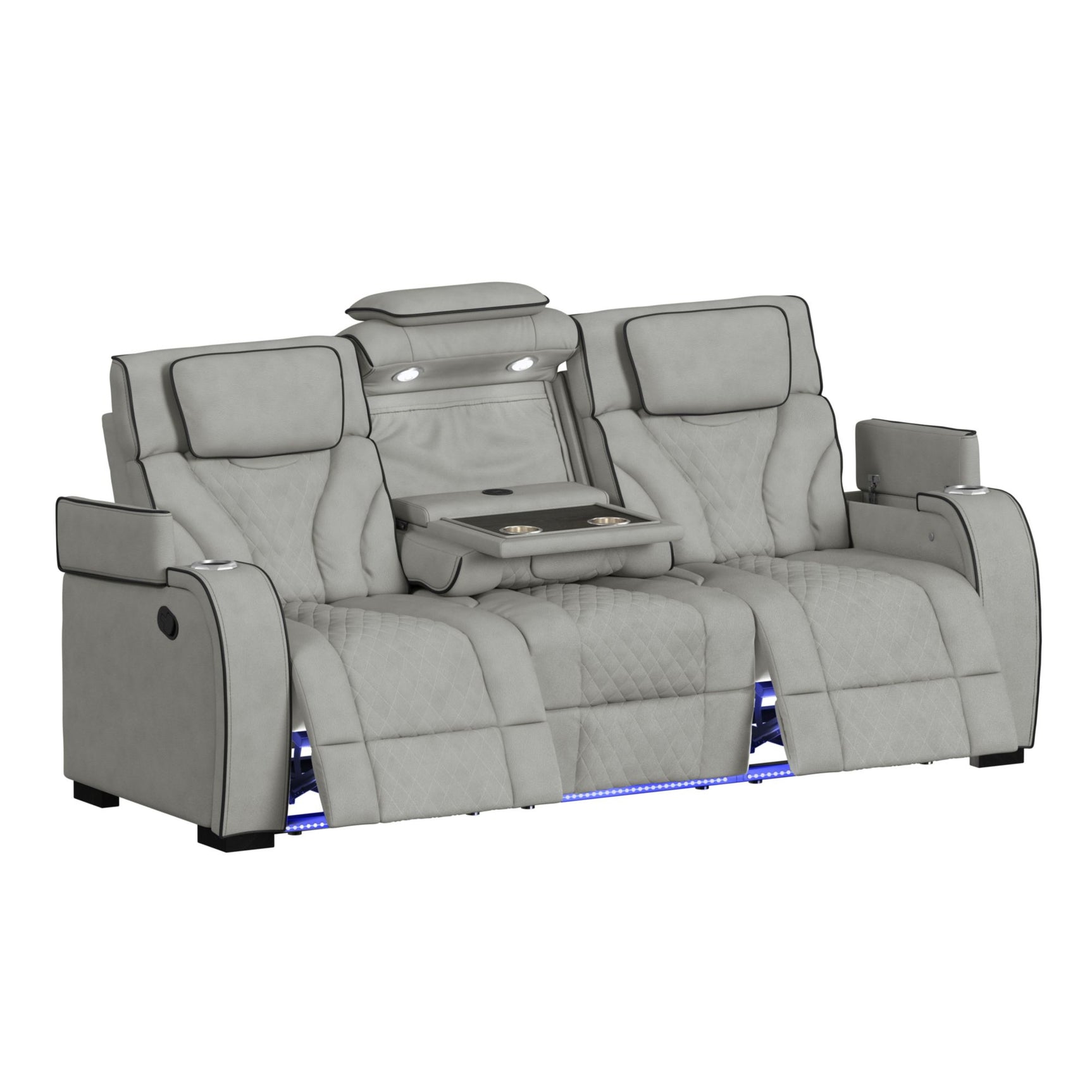 Blitz Motion Sofa with DDT, Reading Light, Wireless Charger and LED in Simba Taupe and Black Welt - Tampa Furniture Outlet