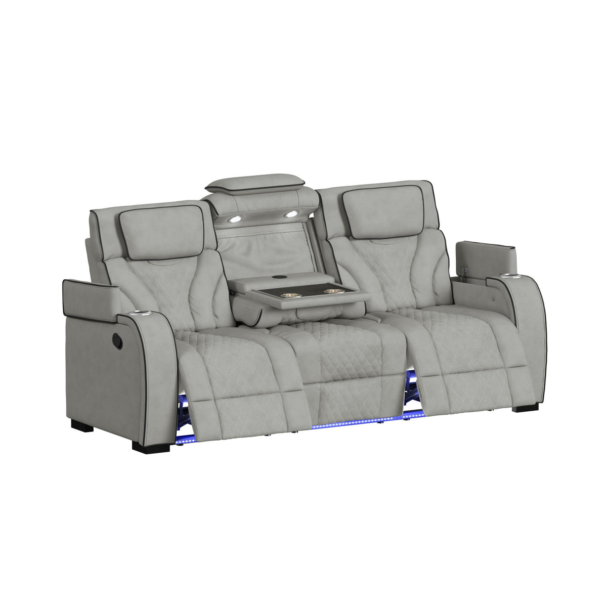 Blitz Motion Sofa with DDT, Reading Light, Wireless Charger and LED in Simba Taupe and Black Welt
