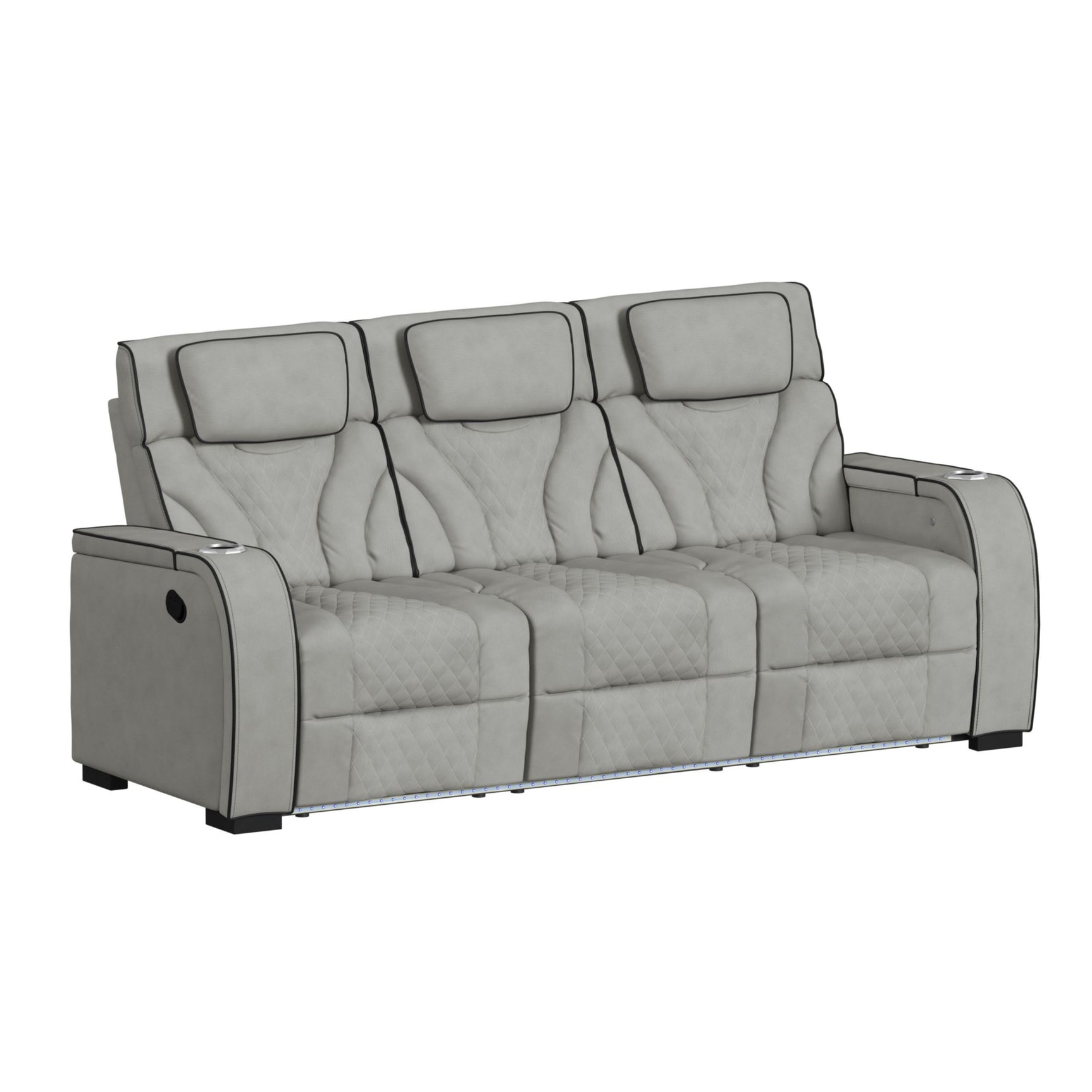 Blitz Motion Sofa with DDT, Reading Light, Wireless Charger and LED in Simba Taupe and Black Welt - Tampa Furniture Outlet
