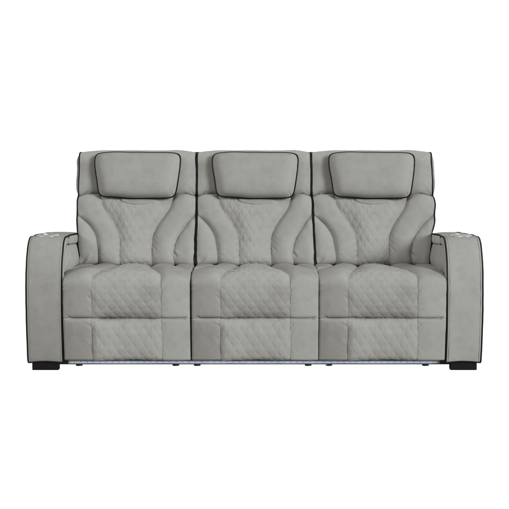 Blitz Motion Sofa with DDT, Reading Light, Wireless Charger and LED in Simba Taupe and Black Welt - Tampa Furniture Outlet