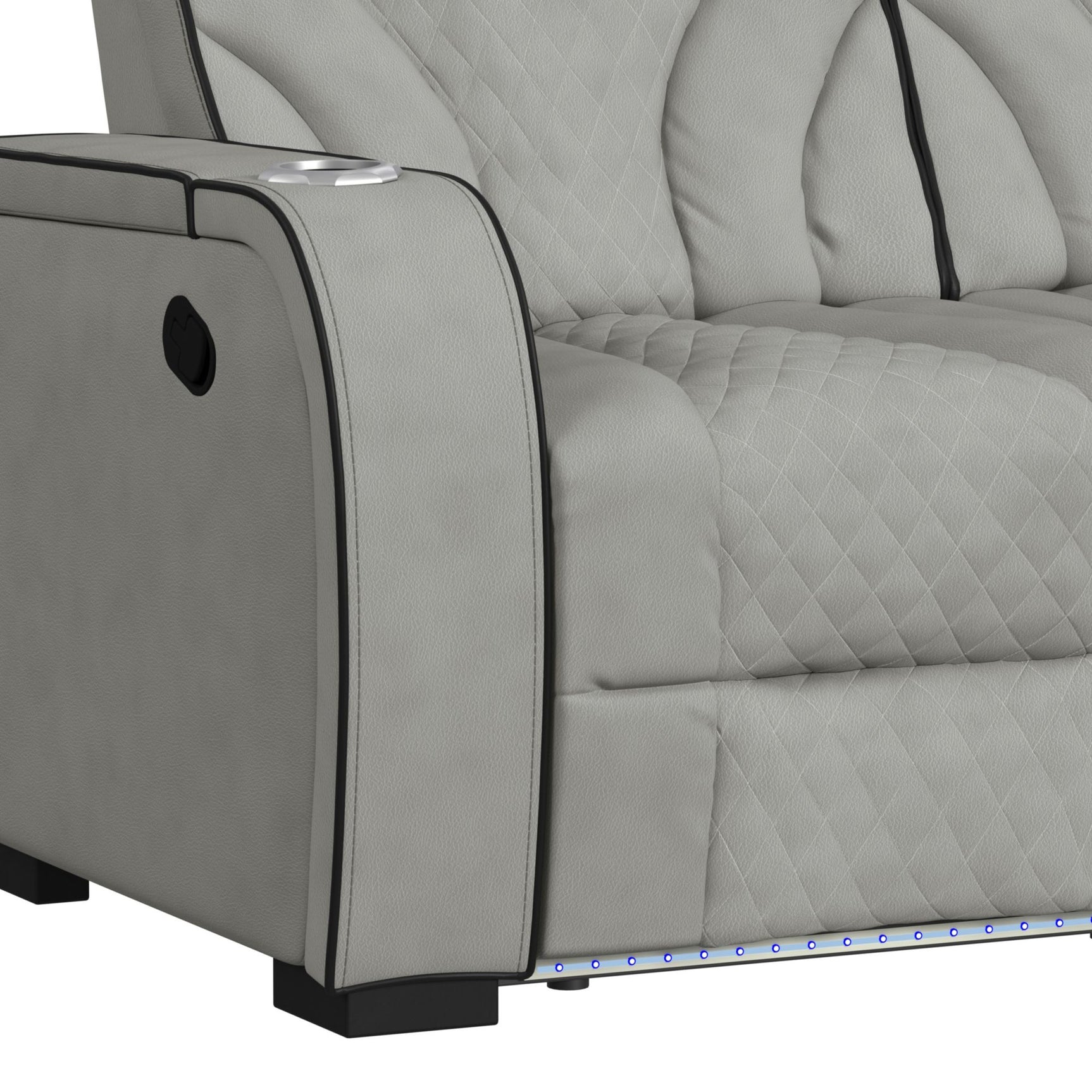 Blitz Motion Sofa with DDT, Reading Light, Wireless Charger and LED in Simba Taupe and Black Welt - Tampa Furniture Outlet