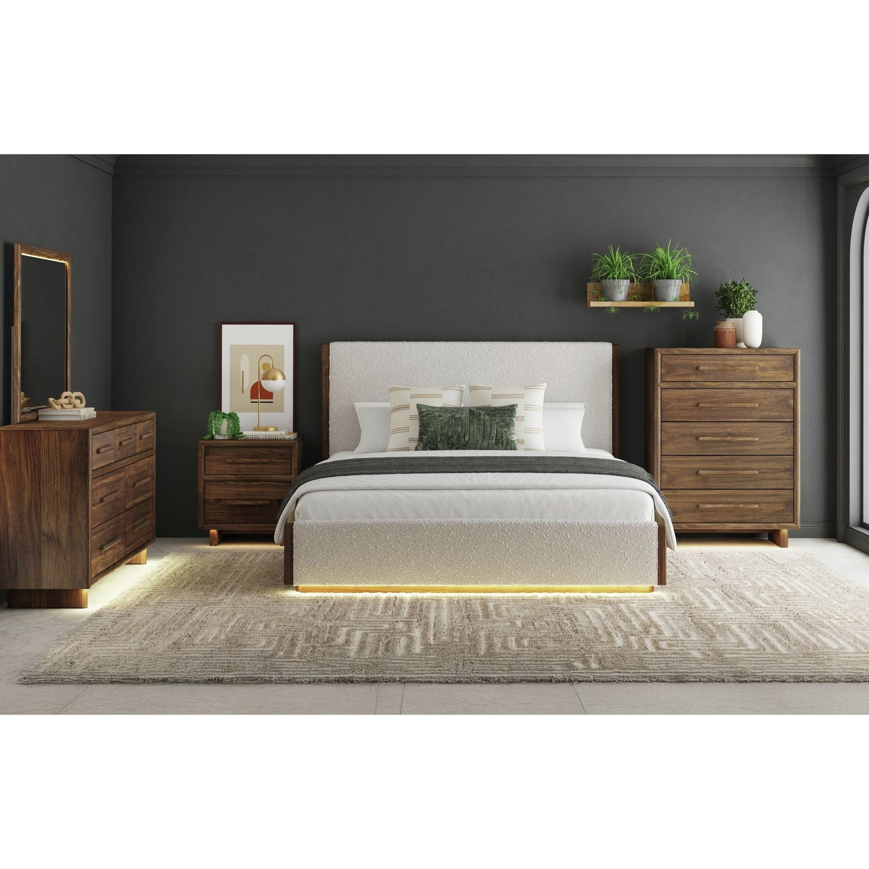 Brisbane Queen UPH Bed with Boucle Beige and LED in Brown – SKU B-16760-5-QUB | Elements