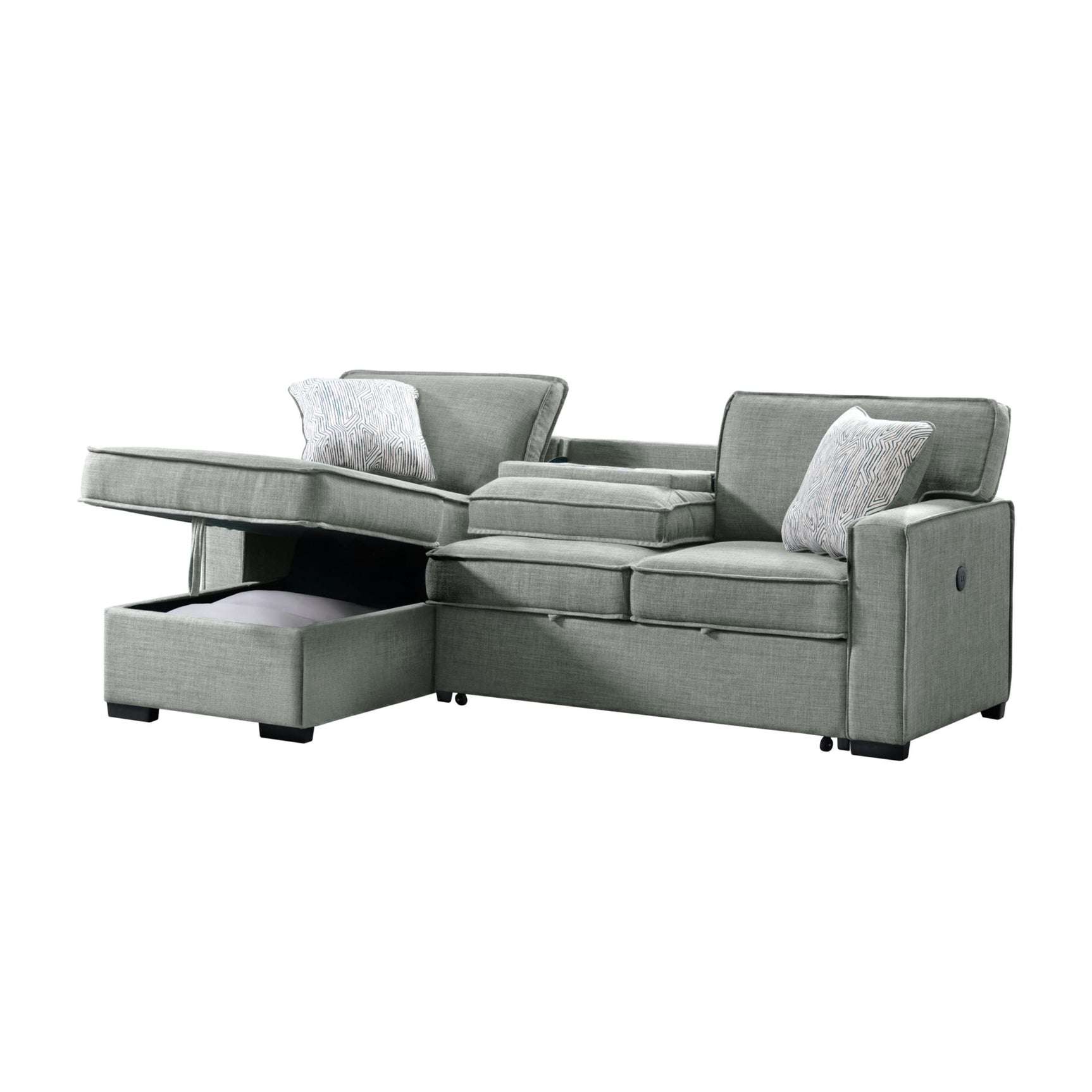 Caracas Sectional Sleeper Chofa with Pull Bed, Drop Table & USB in Palmer Grey - Tampa Furniture Outlet