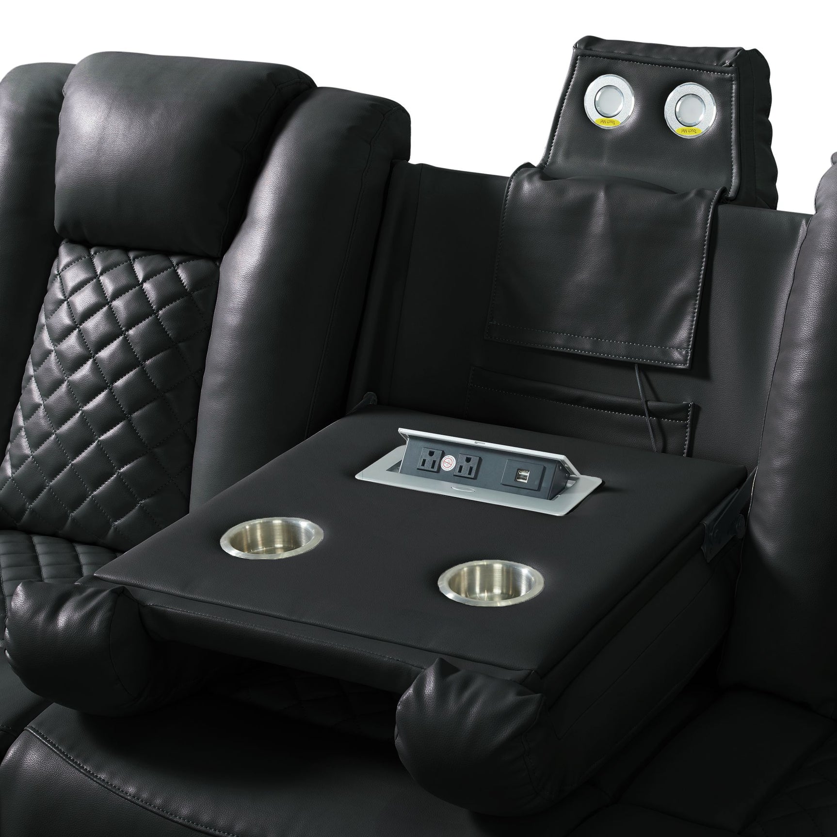 Carlo Power Motion Sofa with Power Headrest, Dropdown Table, Power strip, led and reading light in Pebble Black