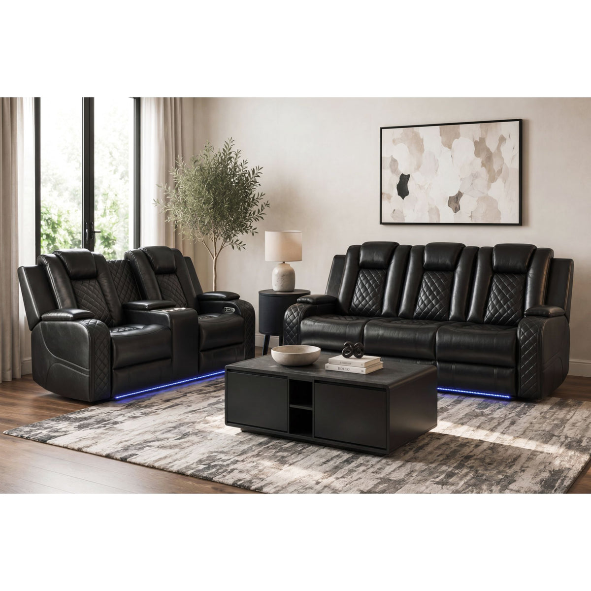 Carlo Power Motion Loveseat with Power Headrest, Console and LED in Pebble Black – SKU U-8900-8206-285PP | Elements