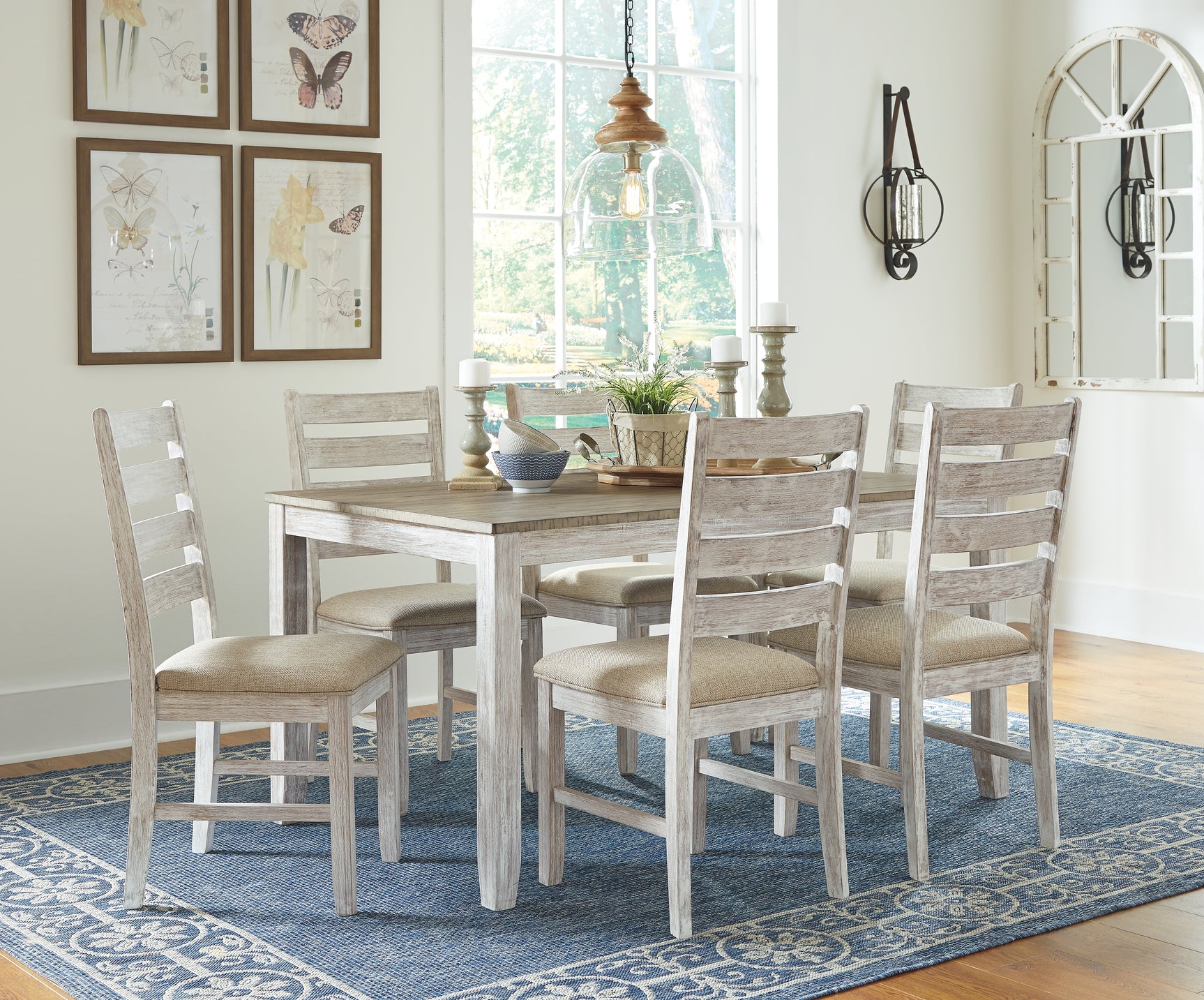 Tampa Furniture Outlet - Ashley Furniture - Skempton Dining Room - Dining Room Table Set (7/CN) / White/Light Brown - D394-425