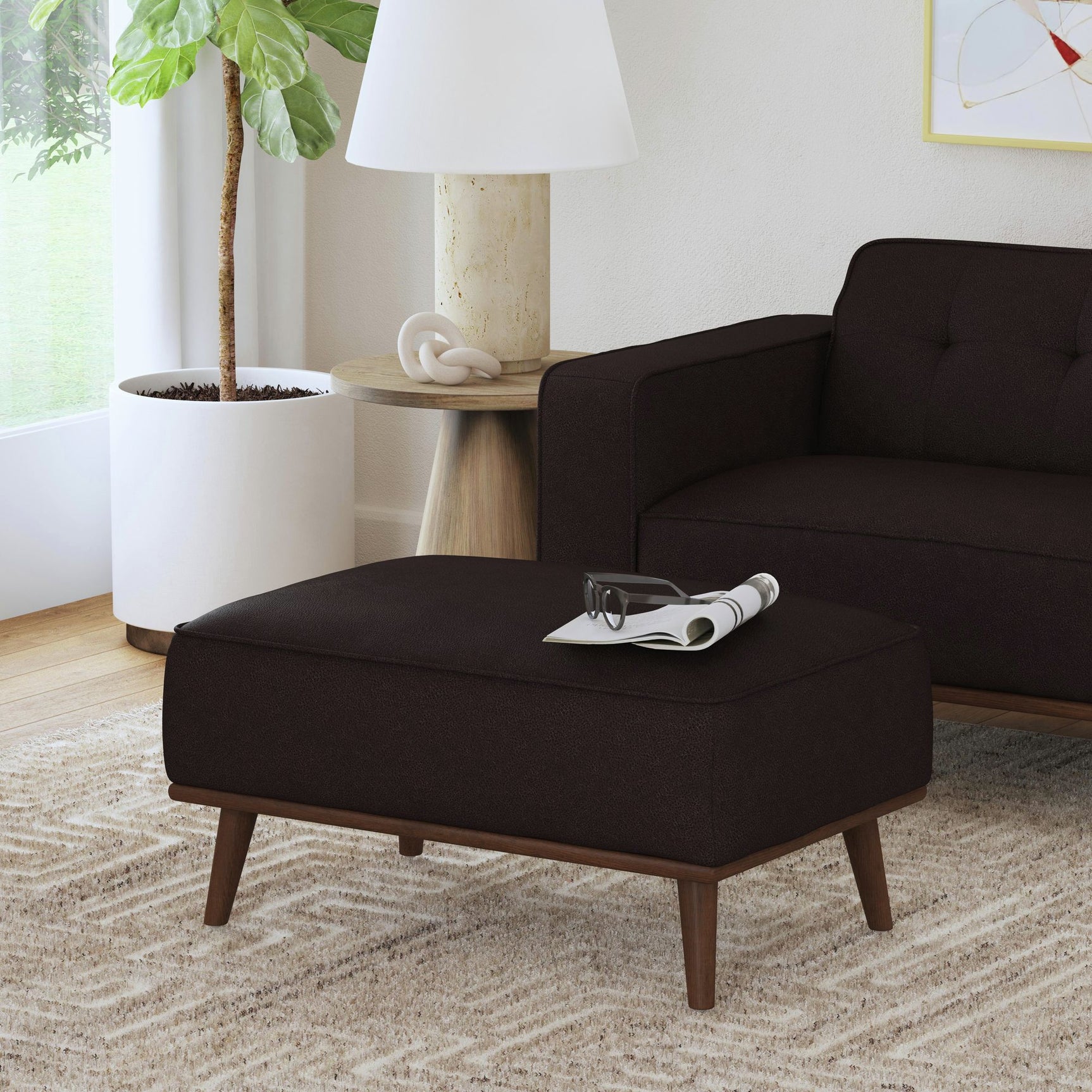 Destiny Ottoman with Wood Base in Pebble Brown – SKU U-15000-8200-000 | Elements