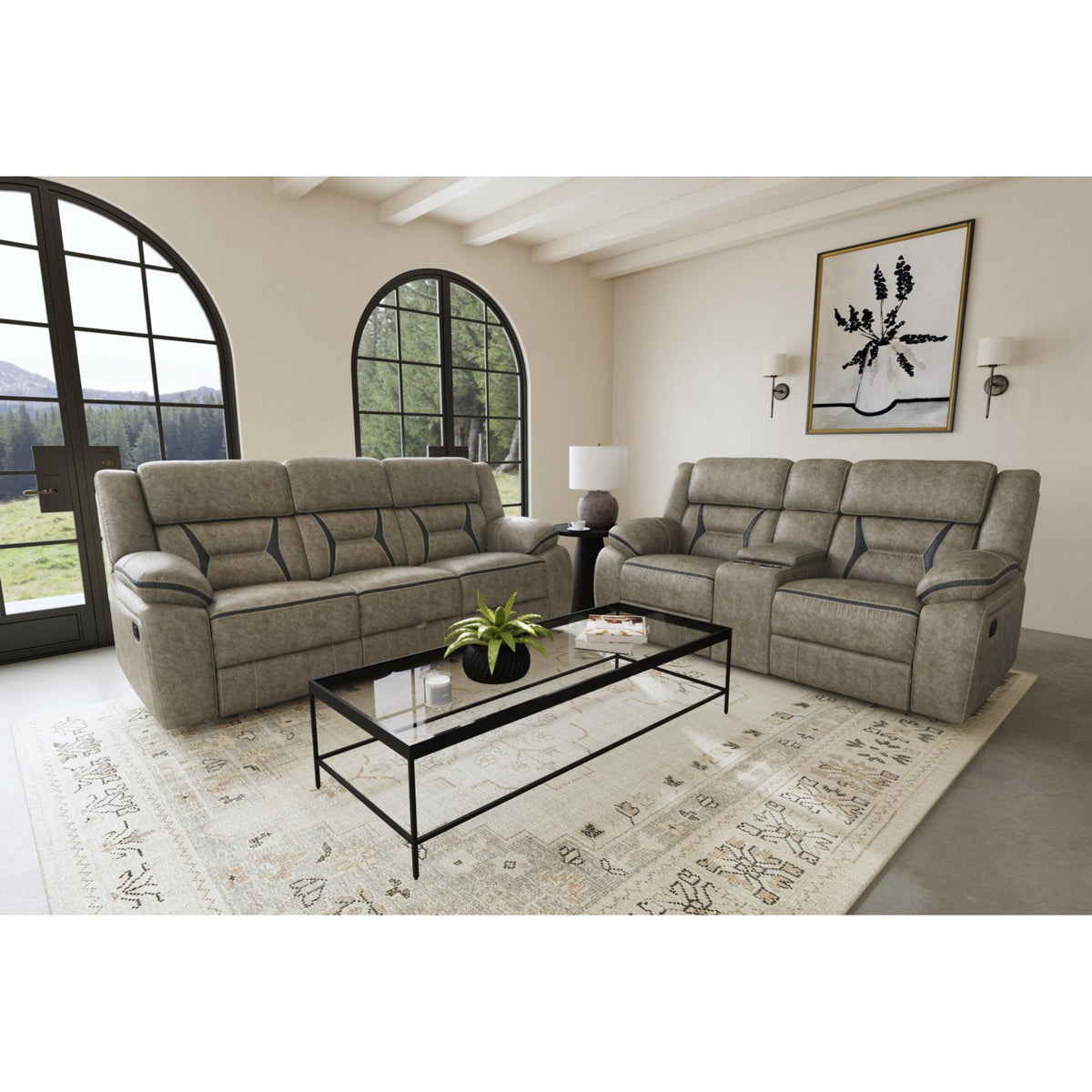 Engage Motion Loveseat with Console in Corral Grey – SKU U-8490-9760-285 | Elements