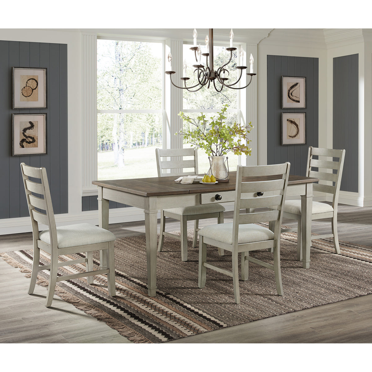Farmington Ladder Back Dining Side Chair with Light Beige Fabric in Washed Stone (2 Per Carton) – SKU D-9890-7-SC | Elements
