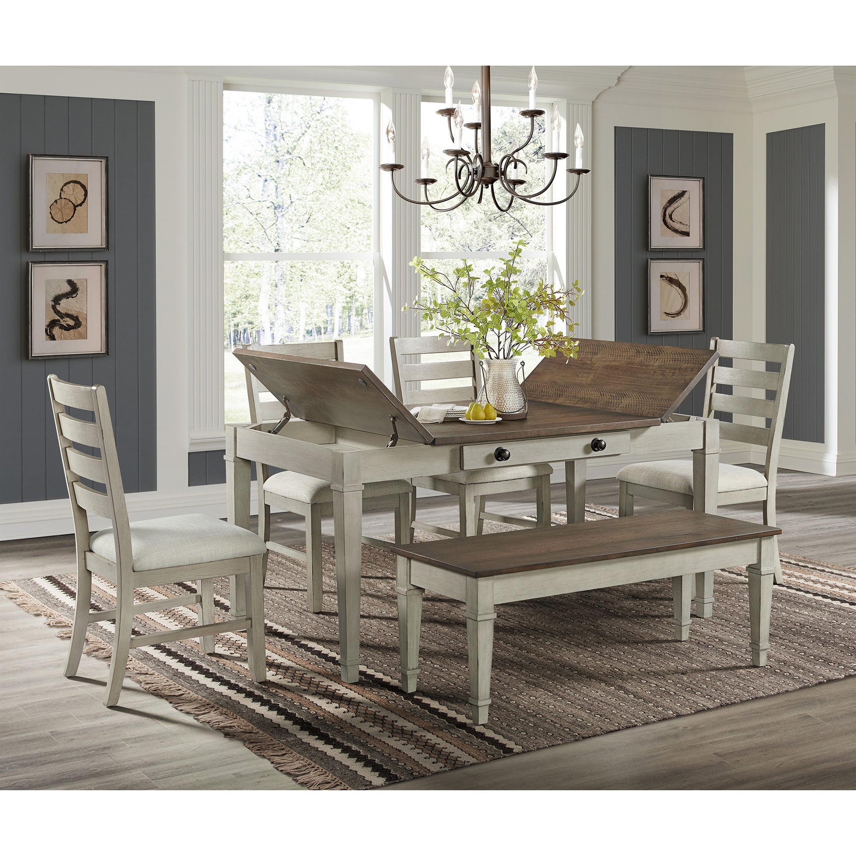 Farmington Storage Dining Bench in Medium Brown and Washed Stone - Tampa Furniture Outlet