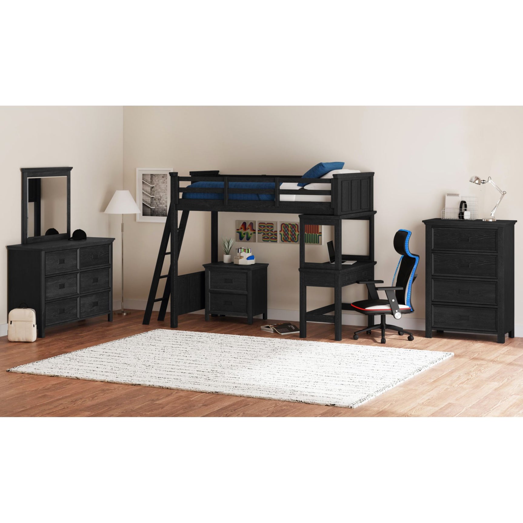 Hampton Kids Twin Loft with Ladder and Desk with Speaker in Charcoal – SKU Y-15760-8-L1 | Elements