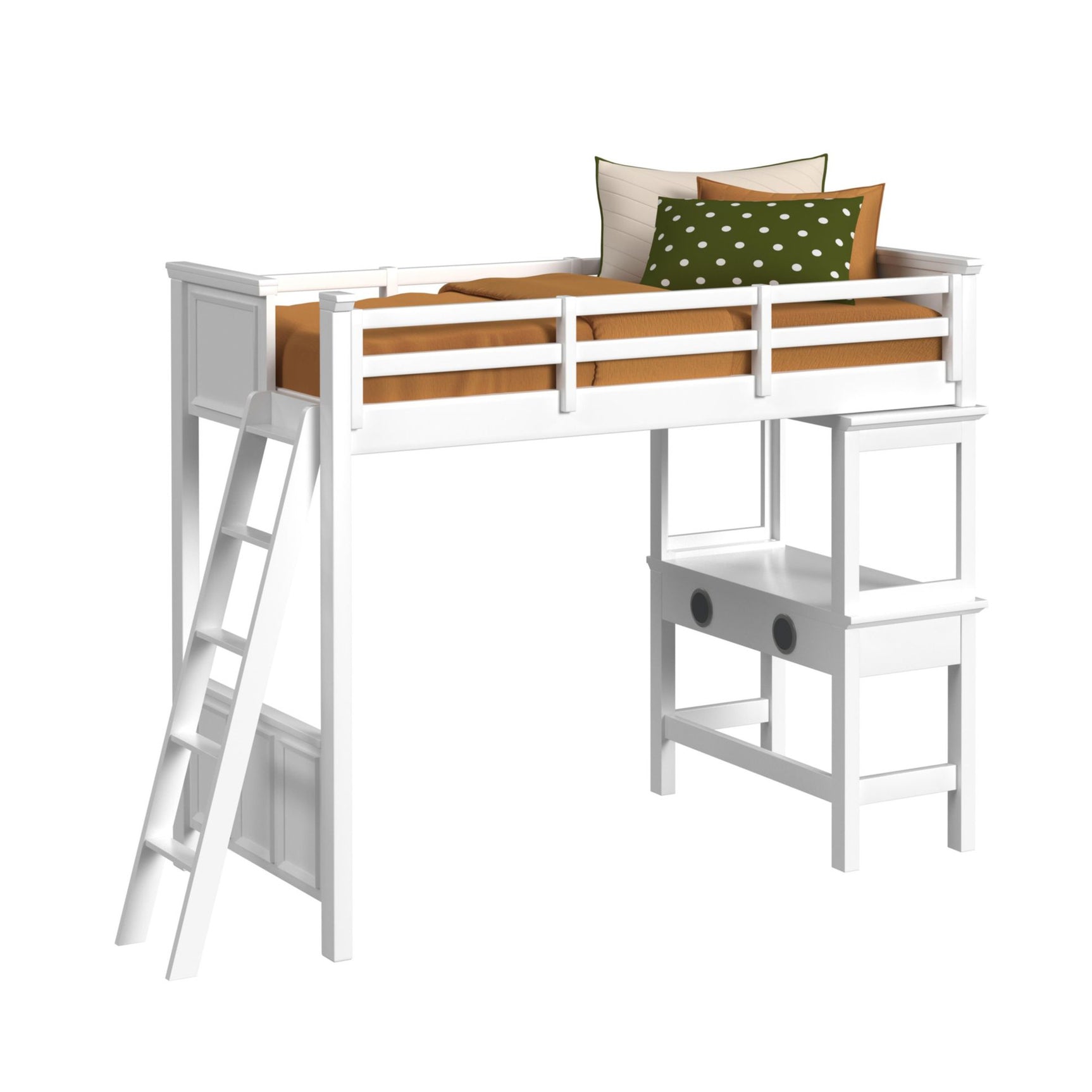 Hampton Kids Twin Loft with Ladder and Desk with Speaker in White