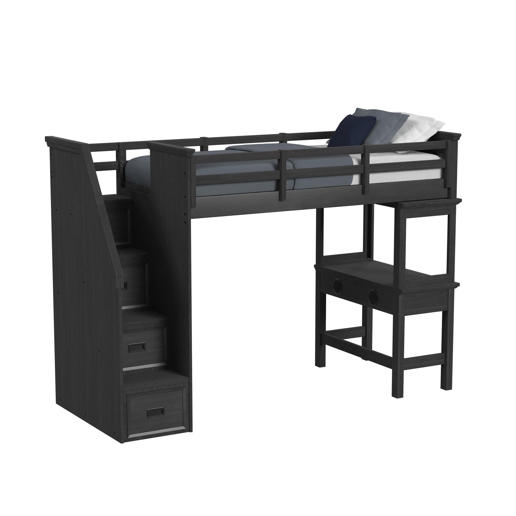 Hampton Kids Twin Loft with Staircase and Desk with Speaker in Charcoal - Tampa Furniture Outlet