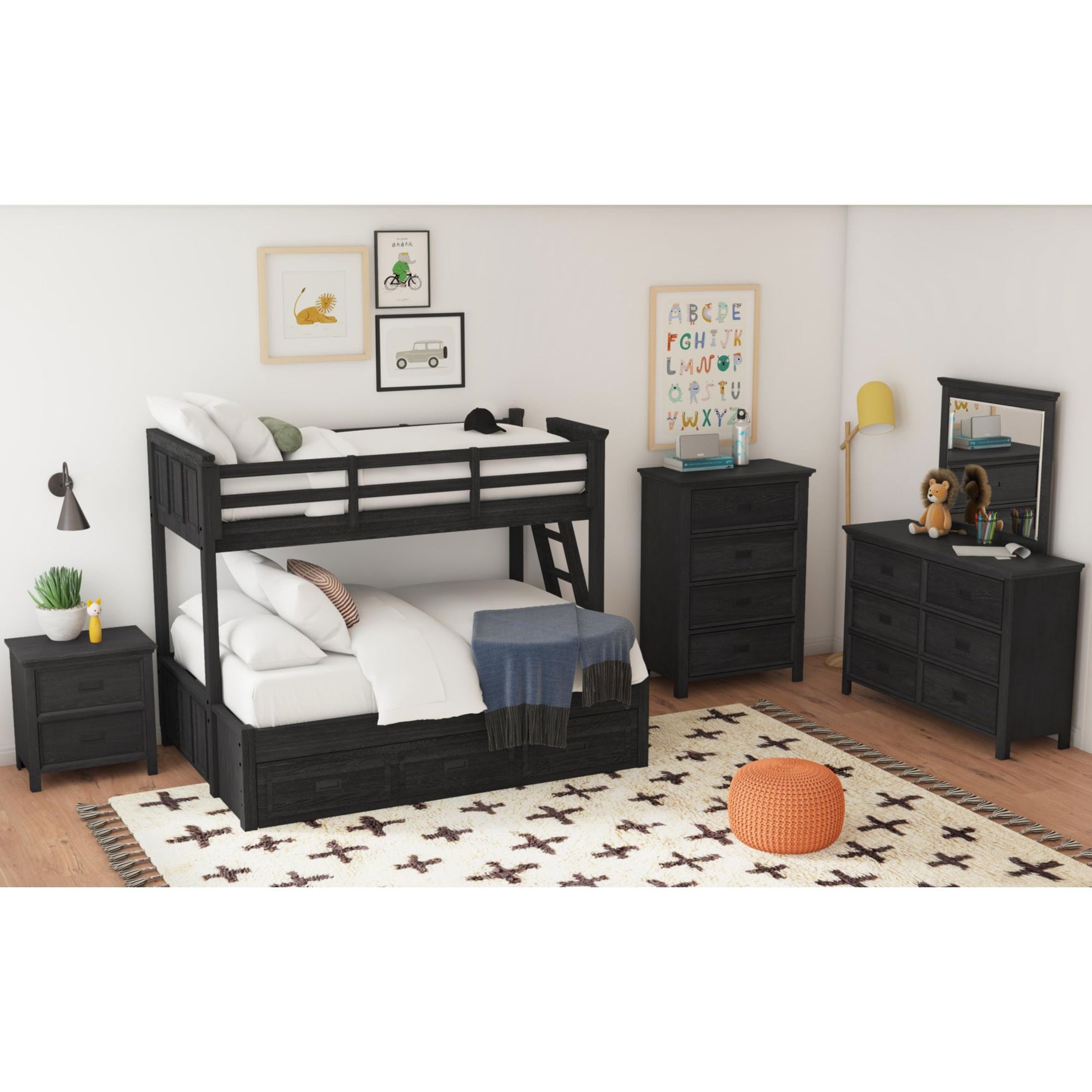 Hampton Kids Twin Over Full Bunk with Ladder and Trundle in Charcoal – SKU Y-15760-8-B5 | Elements