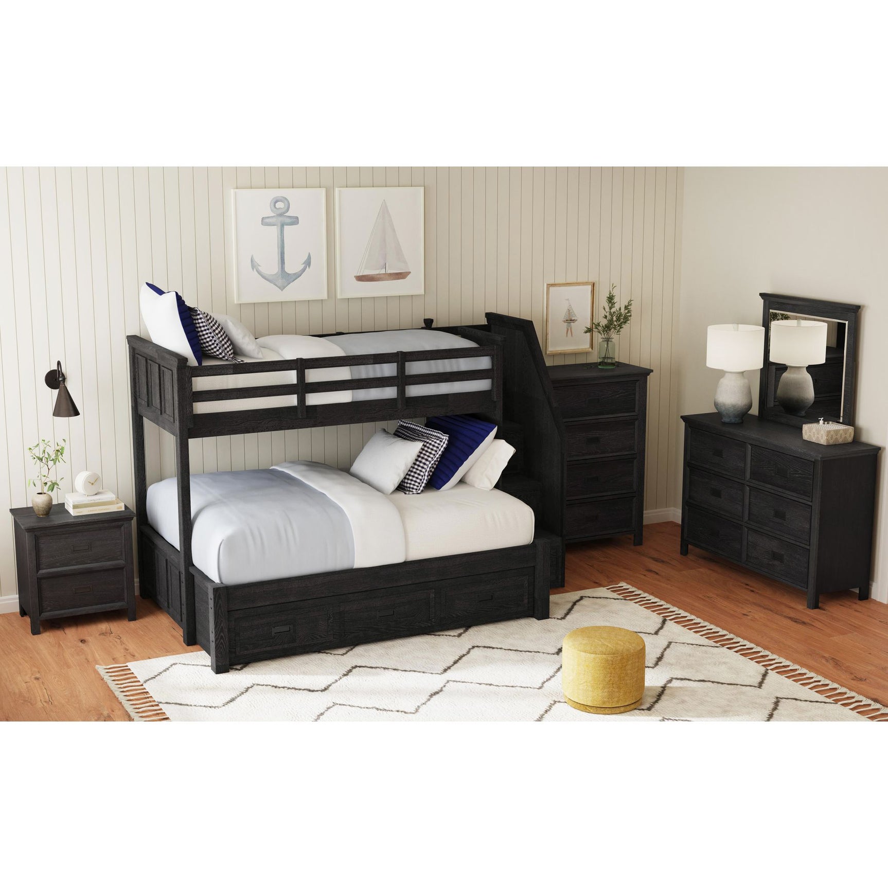Hampton Kids Twin Over Full Bunk with Staircase and Trundle in Charcoal – SKU Y-15760-8-B6 | Elements