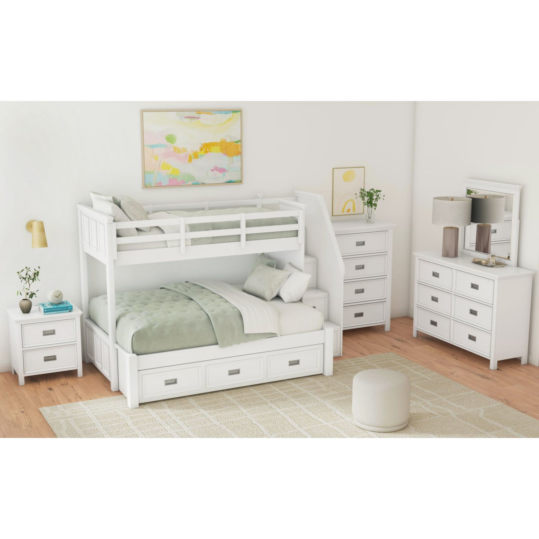 Hampton Kids Twin Over Full Bunk with Staircase and Trundle in White – SKU Y-15760-7-B6 | Elements