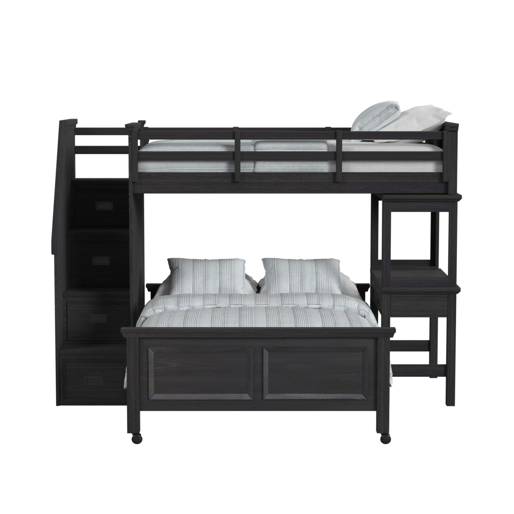 Hampton Kids Twin Over Full Loft with Staircase and Desk with Speaker in Charcoal