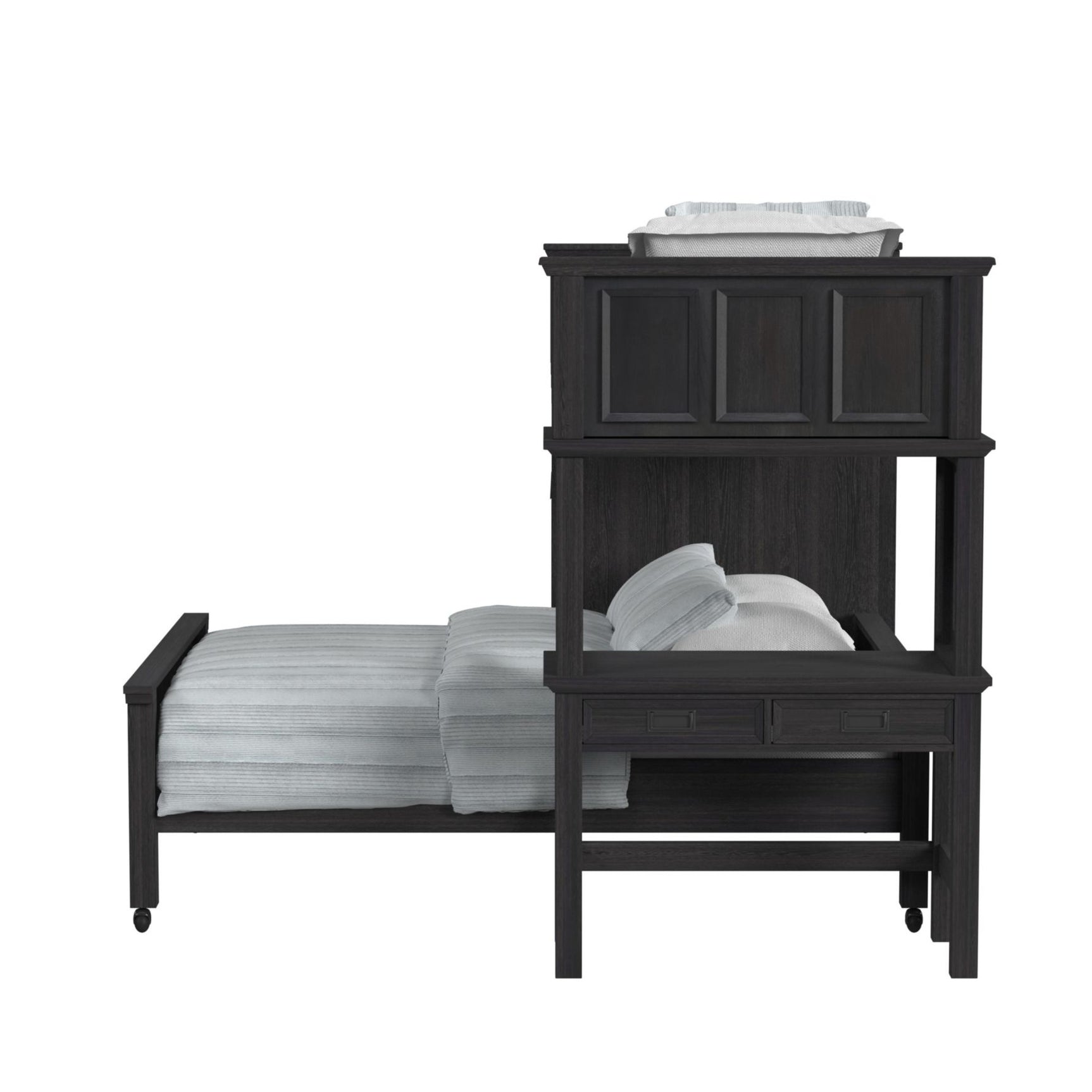 Hampton Kids Twin Over Full Loft with Staircase and Desk with Speaker in Charcoal