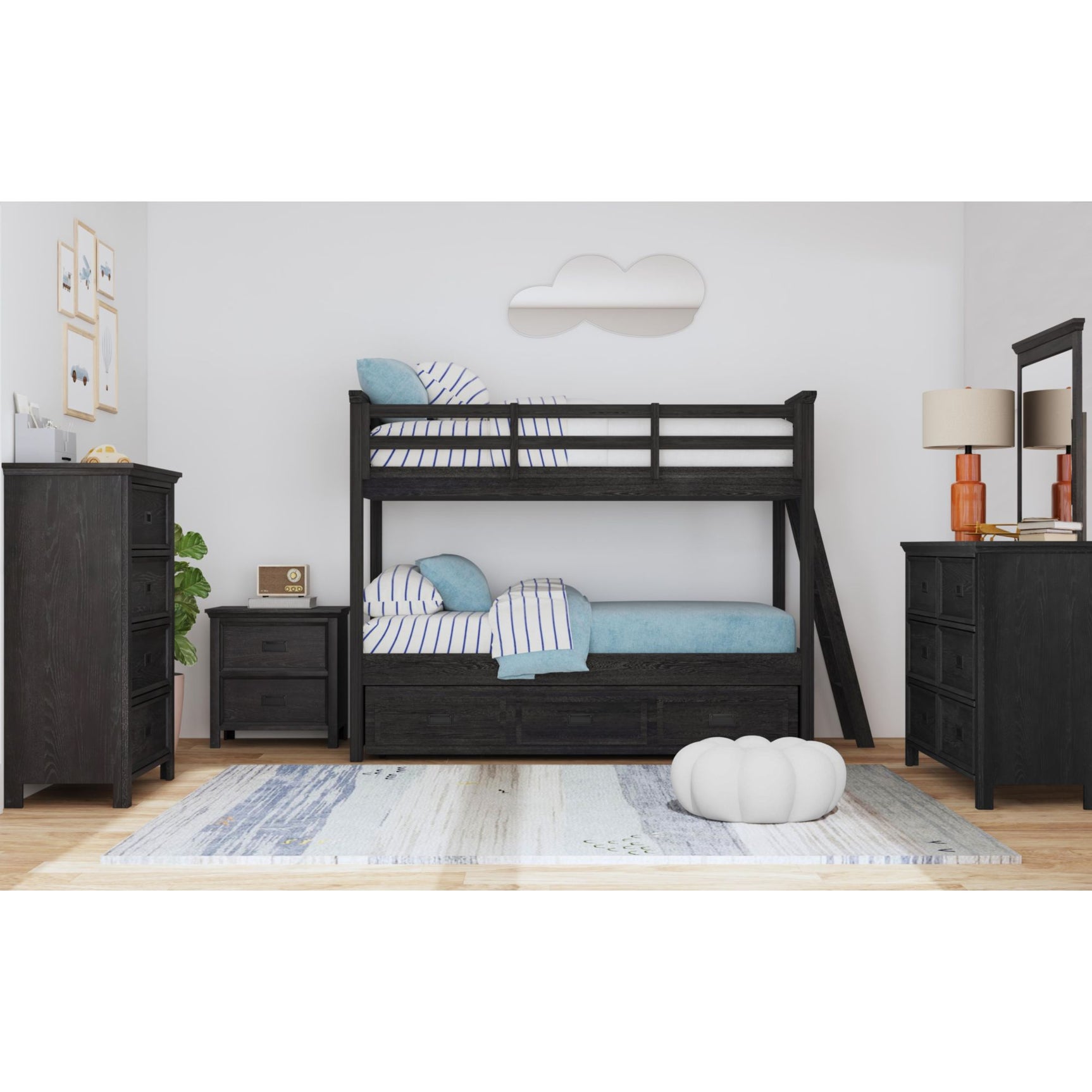 Hampton Kids Twin Over Twin Bunk with Ladder and Trundle in Charcoal – SKU Y-15760-8-B2 | Elements