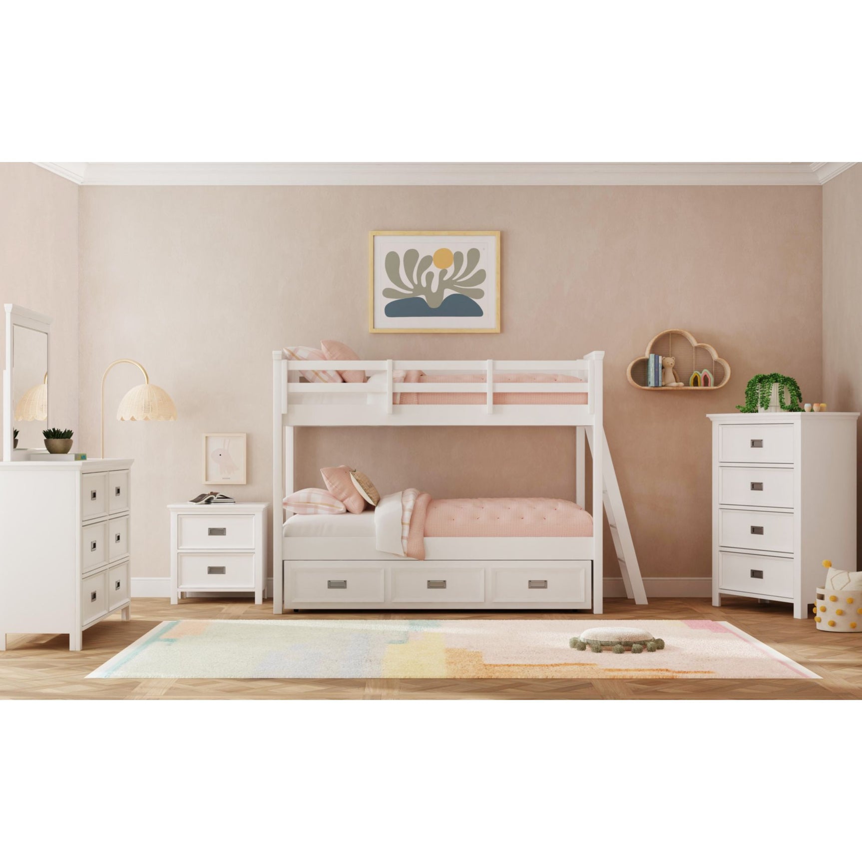 Hampton Kids Twin Over Twin Bunk with Ladder and Trundle in White – SKU Y-15760-7-B2 | Elements
