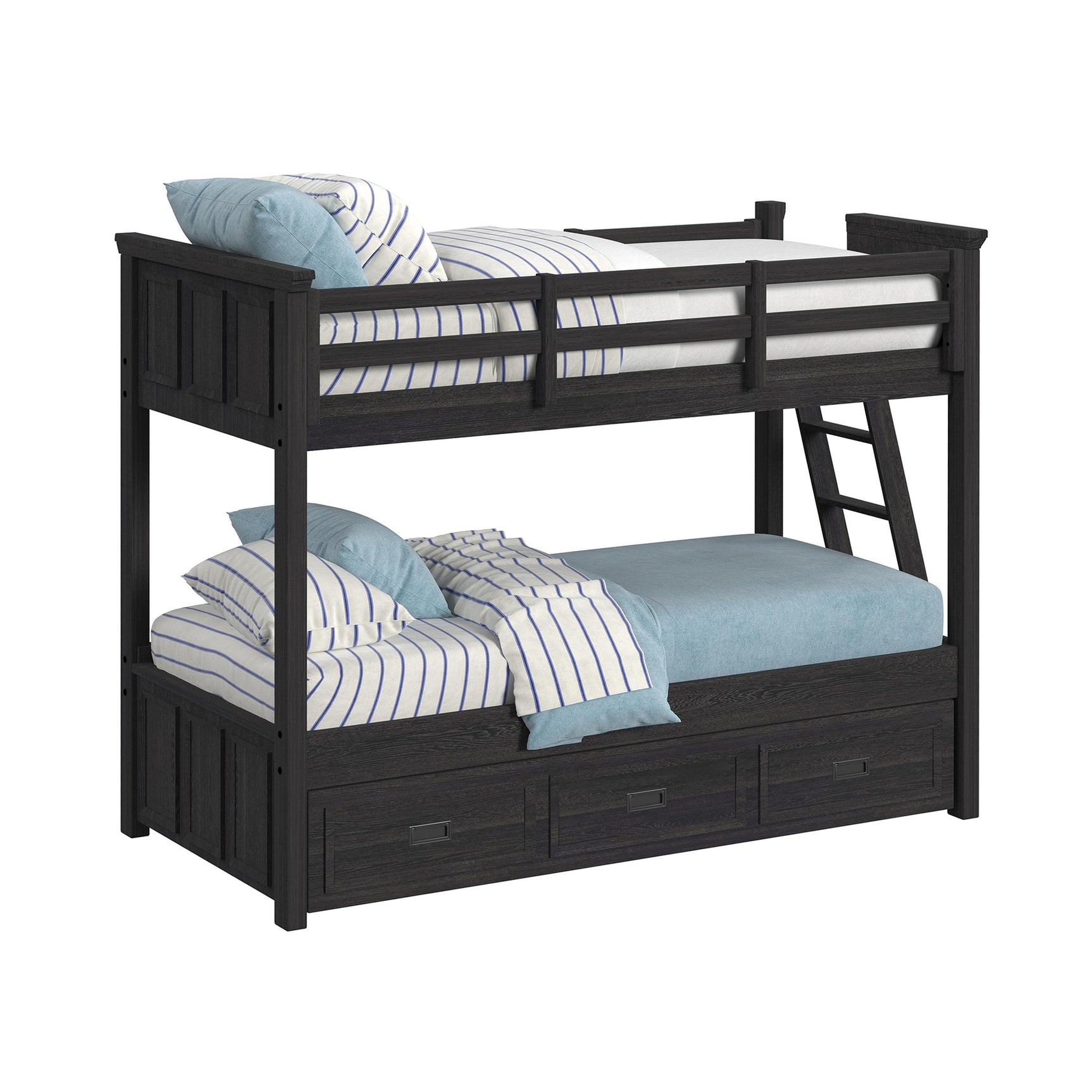 Hampton Kids Twin Over Twin Bunk with Ladder and Trundle in Charcoal