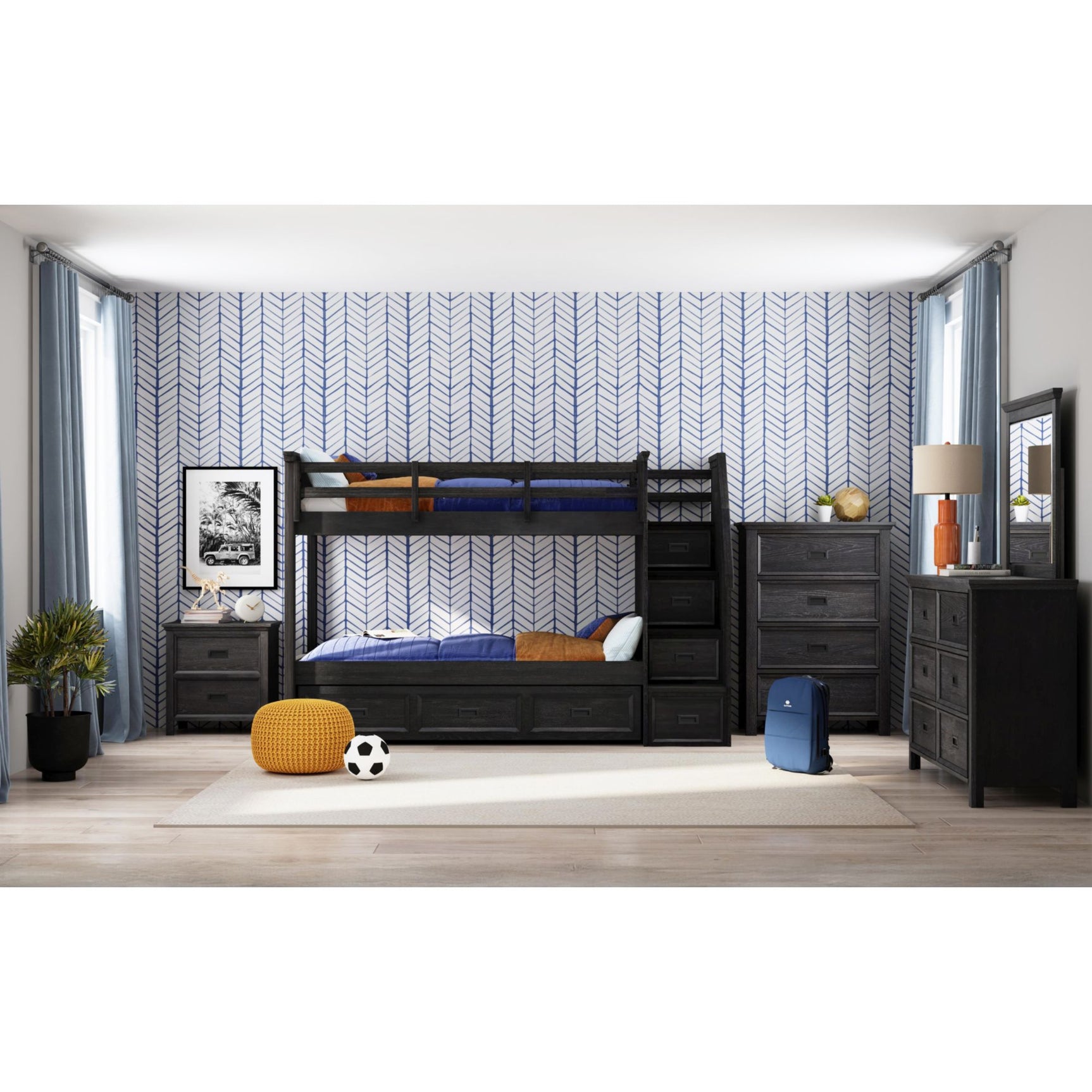 Hampton Kids Twin Over Twin Bunk with Staircase and Trundle in Charcoal – SKU Y-15760-8-B3 | Elements