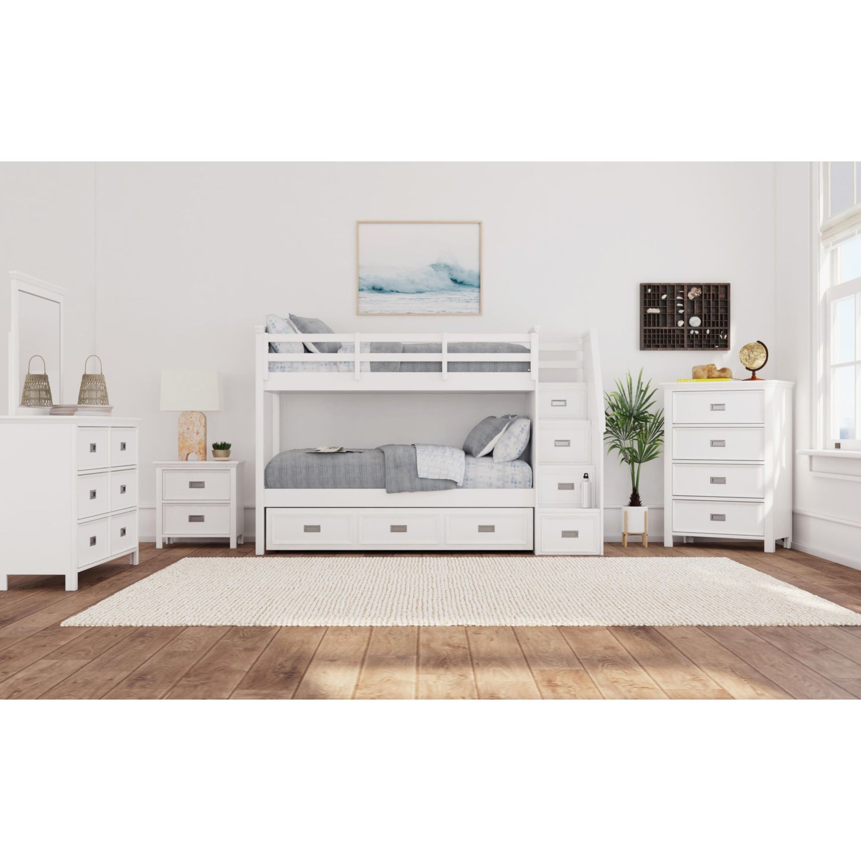 Hampton Kids Twin Over Twin Bunk with Staircase and Trundle in White – SKU Y-15760-7-B3 | Elements