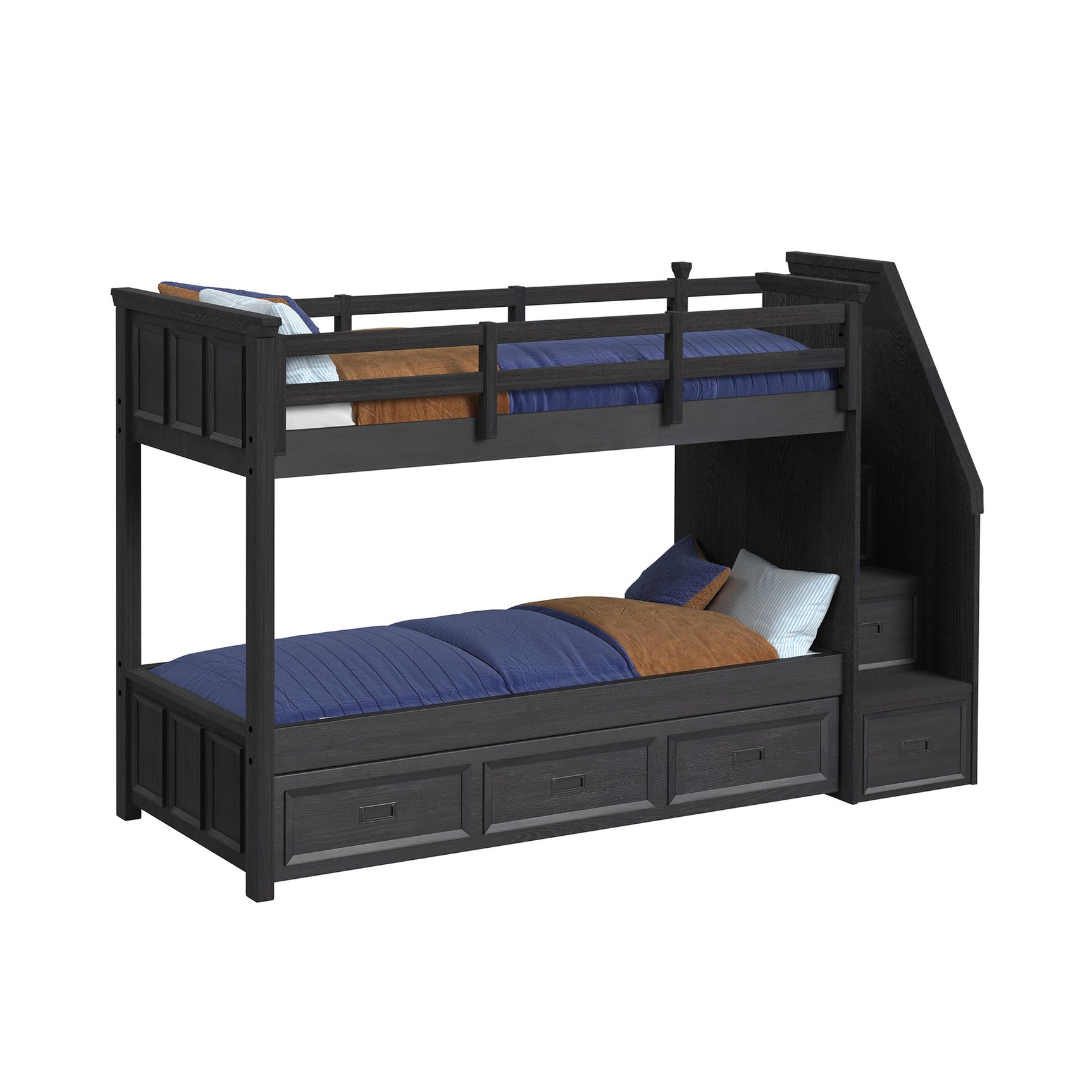 Hampton Kids Twin Over Twin Bunk with Staircase and Trundle in Charcoal