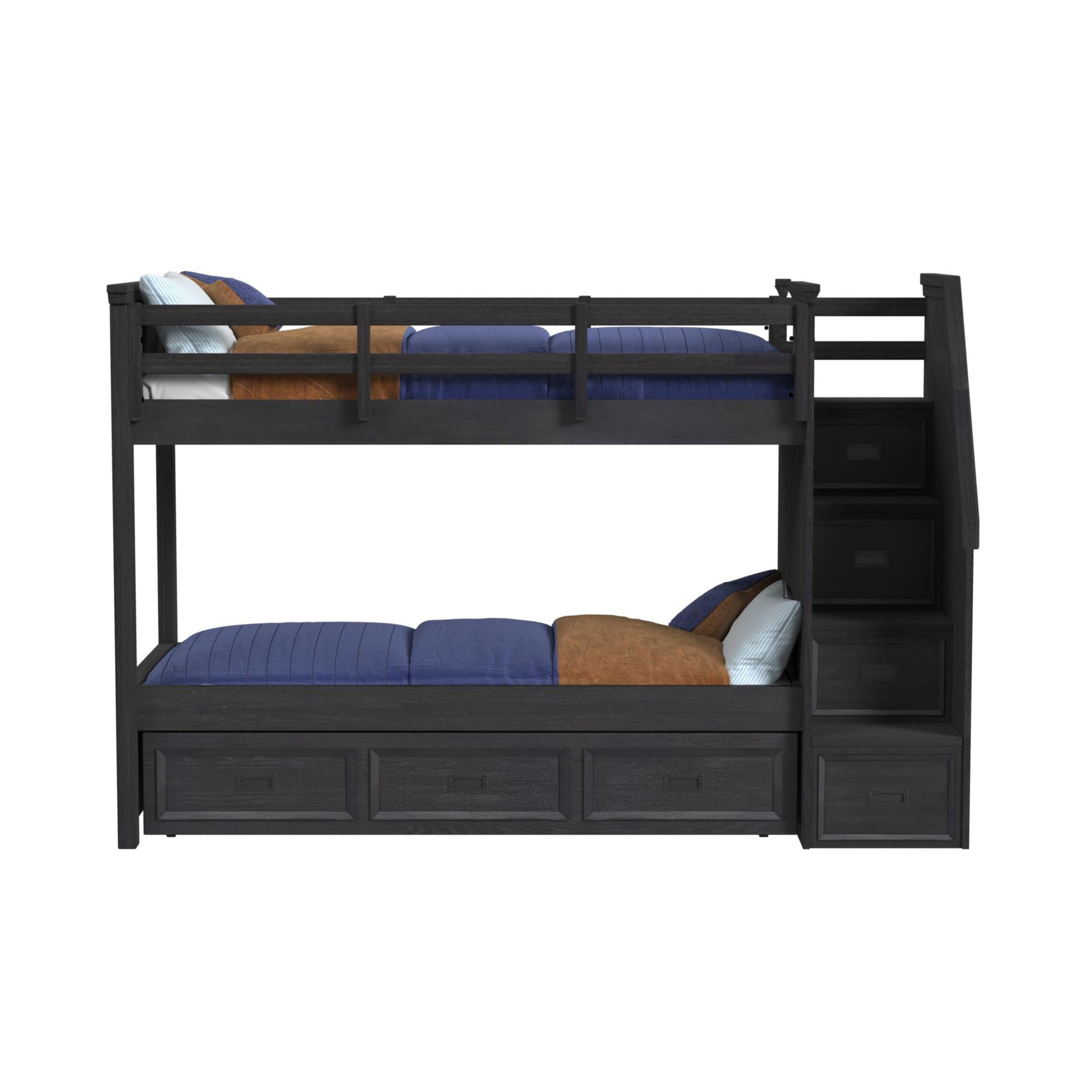 Hampton Kids Twin Over Twin Bunk with Staircase and Trundle in Charcoal