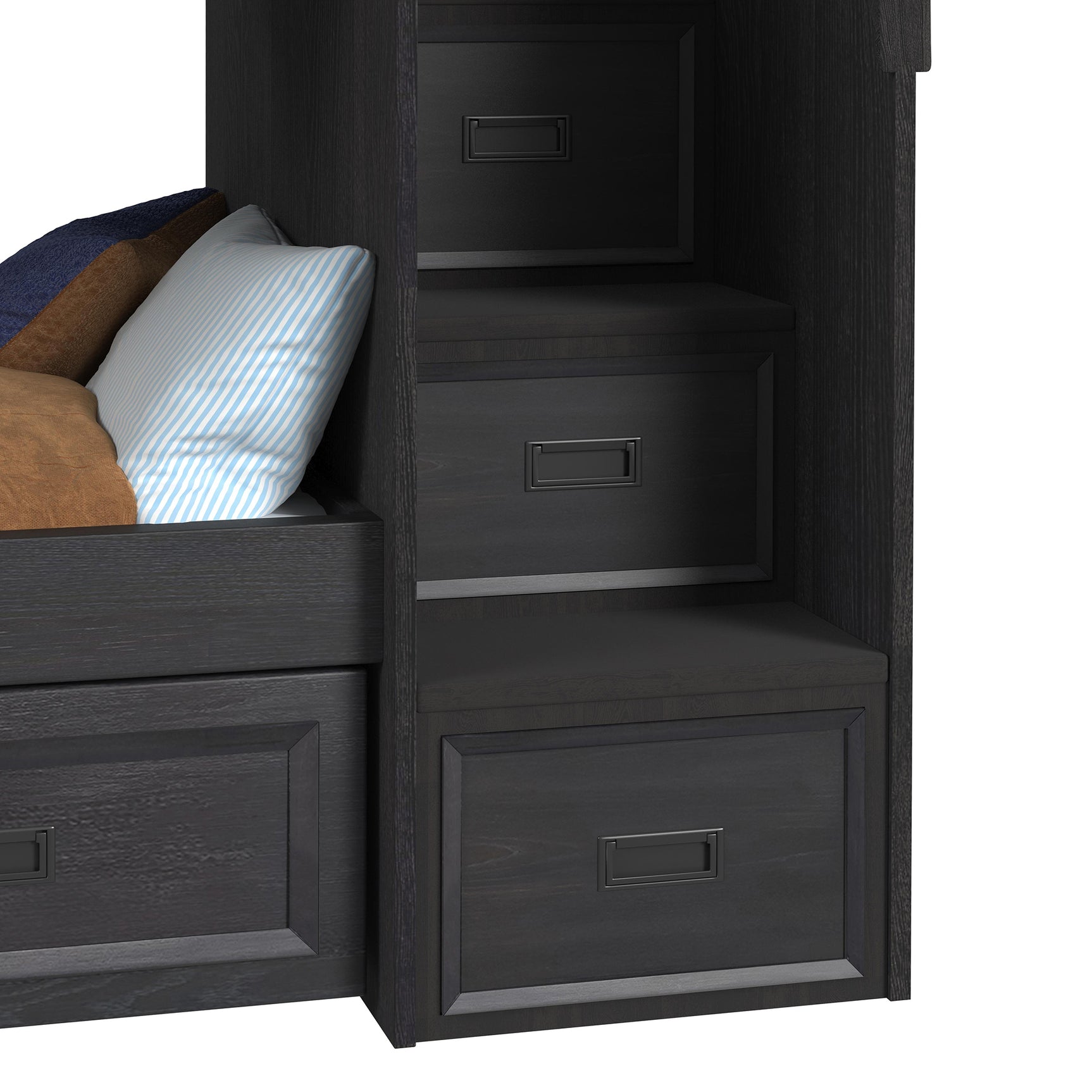 Hampton Kids Twin Over Twin Bunk with Staircase and Trundle in Charcoal