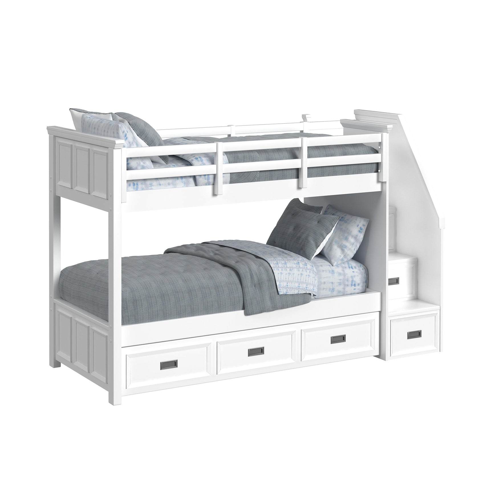 Hampton Kids Twin Over Twin Bunk with Staircase and Trundle in White - Tampa Furniture Outlet