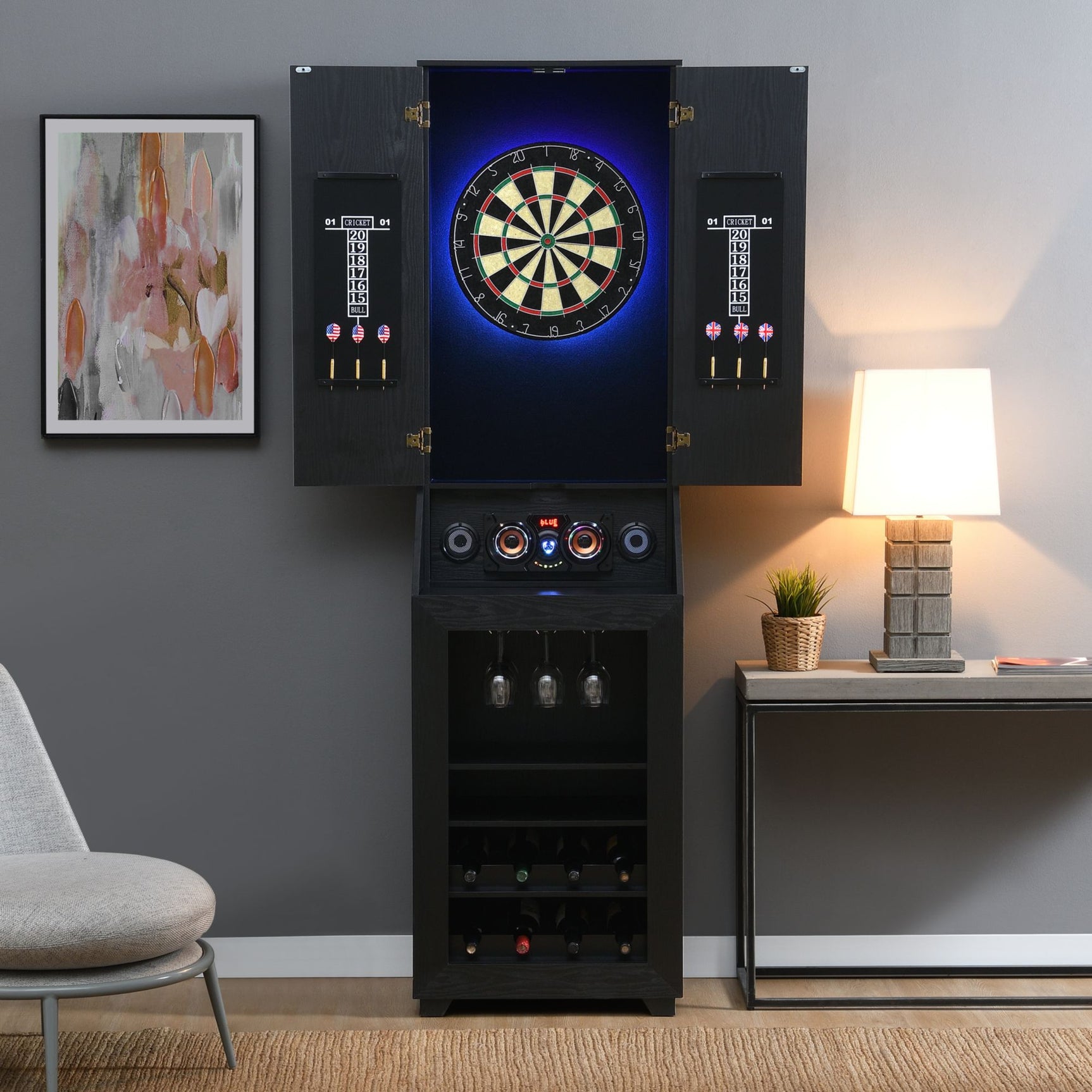 Hurricanes Dartboard Cabinet with Speaker and LED in Black (3A Packing) – SKU G-17920-8-DBCE | Elements