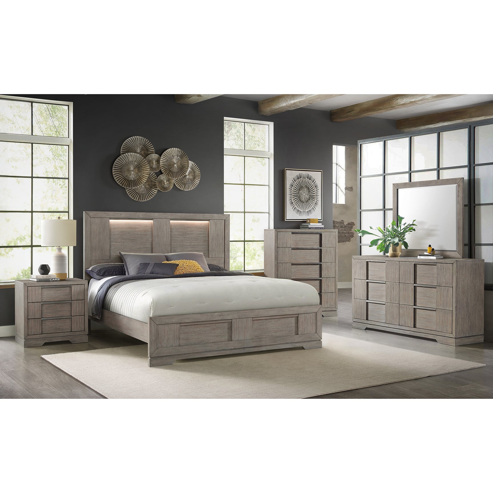 Kelis Queen Panel Bed with LED in Grey – SKU B-9770-3-QBL | Elements