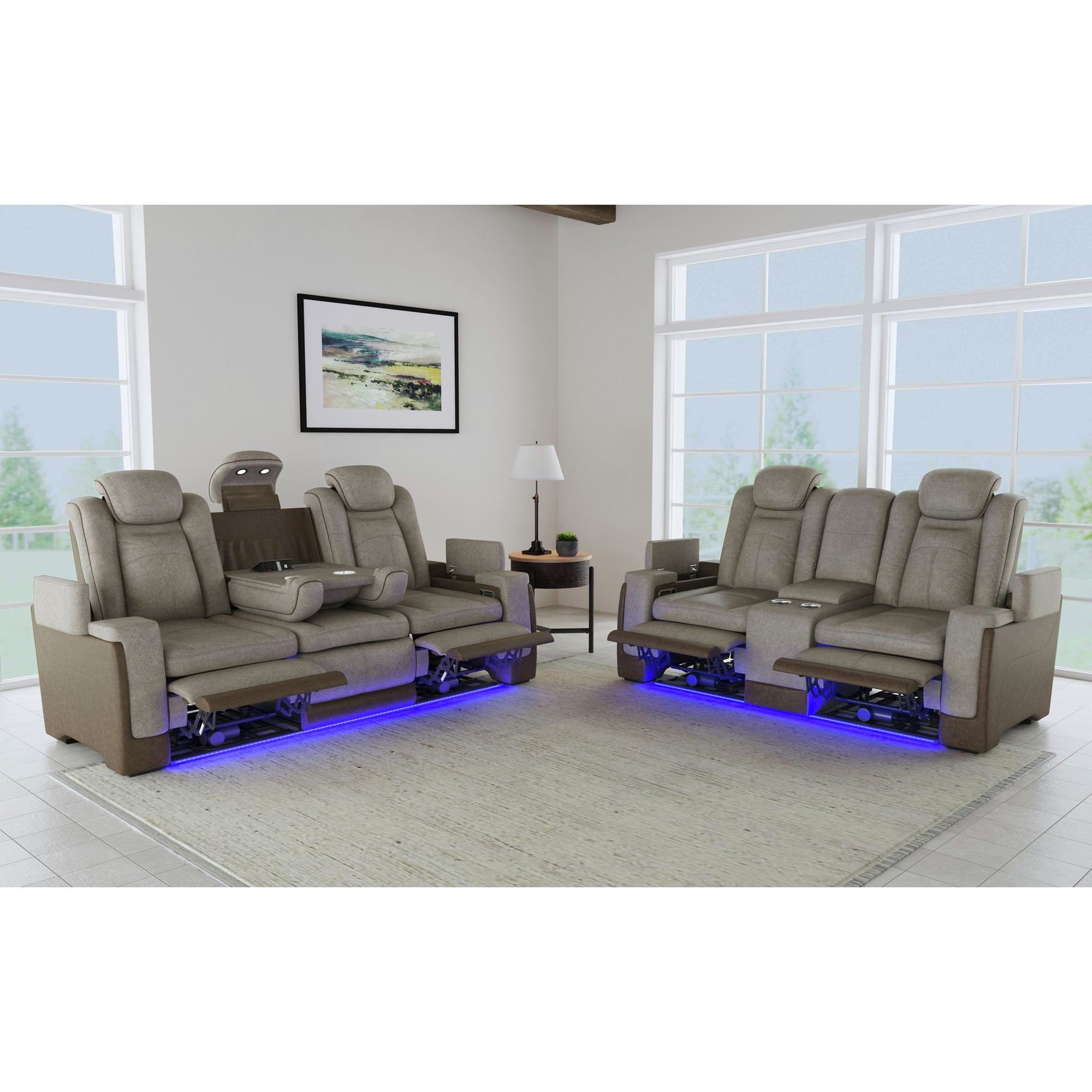 Lantana Power Motion Loveseat with Power Headrest, Led, and Console in Rocky Grey/Brown - Tampa Furniture Outlet