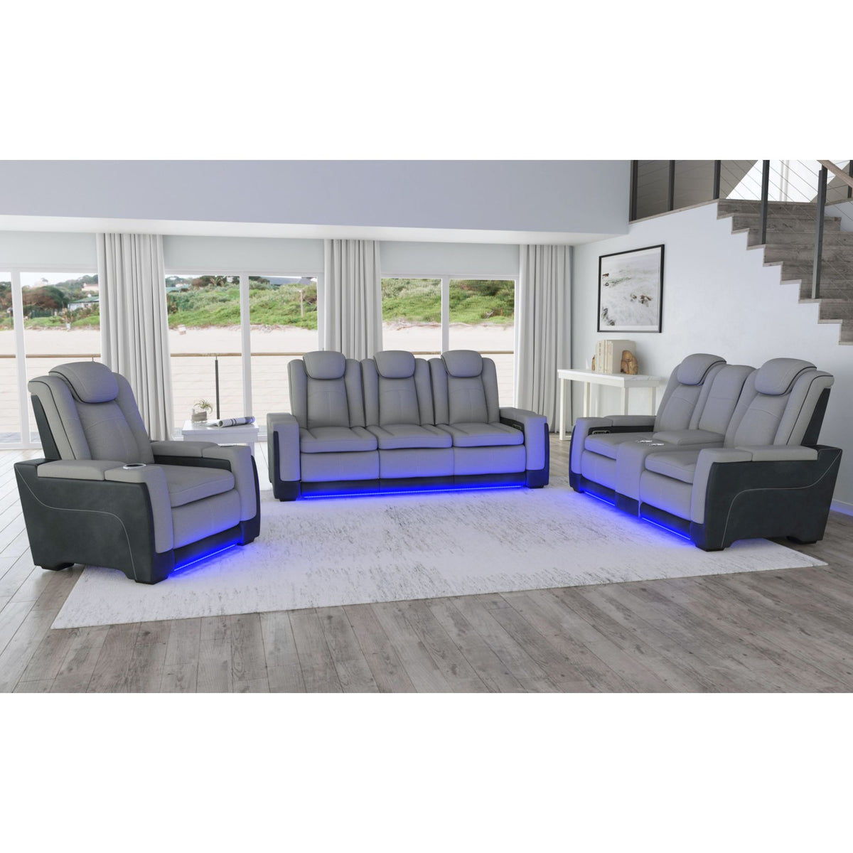 Lantana Power Motion Recliner with Power Headrest, Led, wireless charger and Cup holder in Rocky Cement/Charcoal – SKU U-13660-10562-105PP | Elements