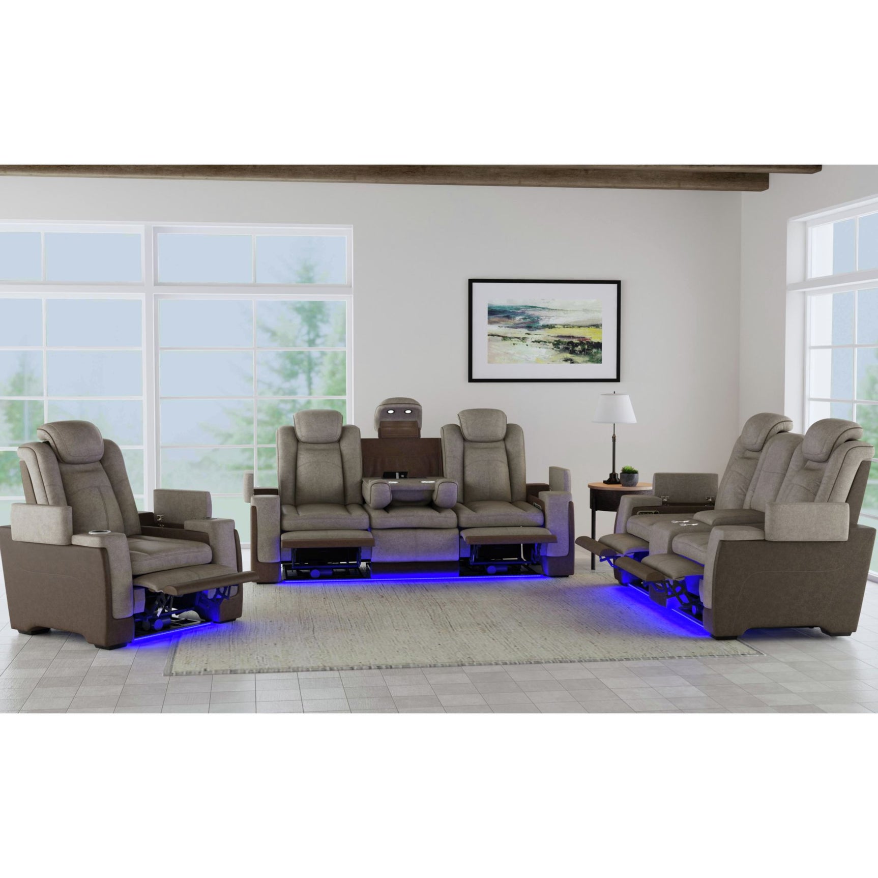 Lantana Power Motion Loveseat with Power Headrest, Led, and Console in Rocky Grey/Brown - Tampa Furniture Outlet