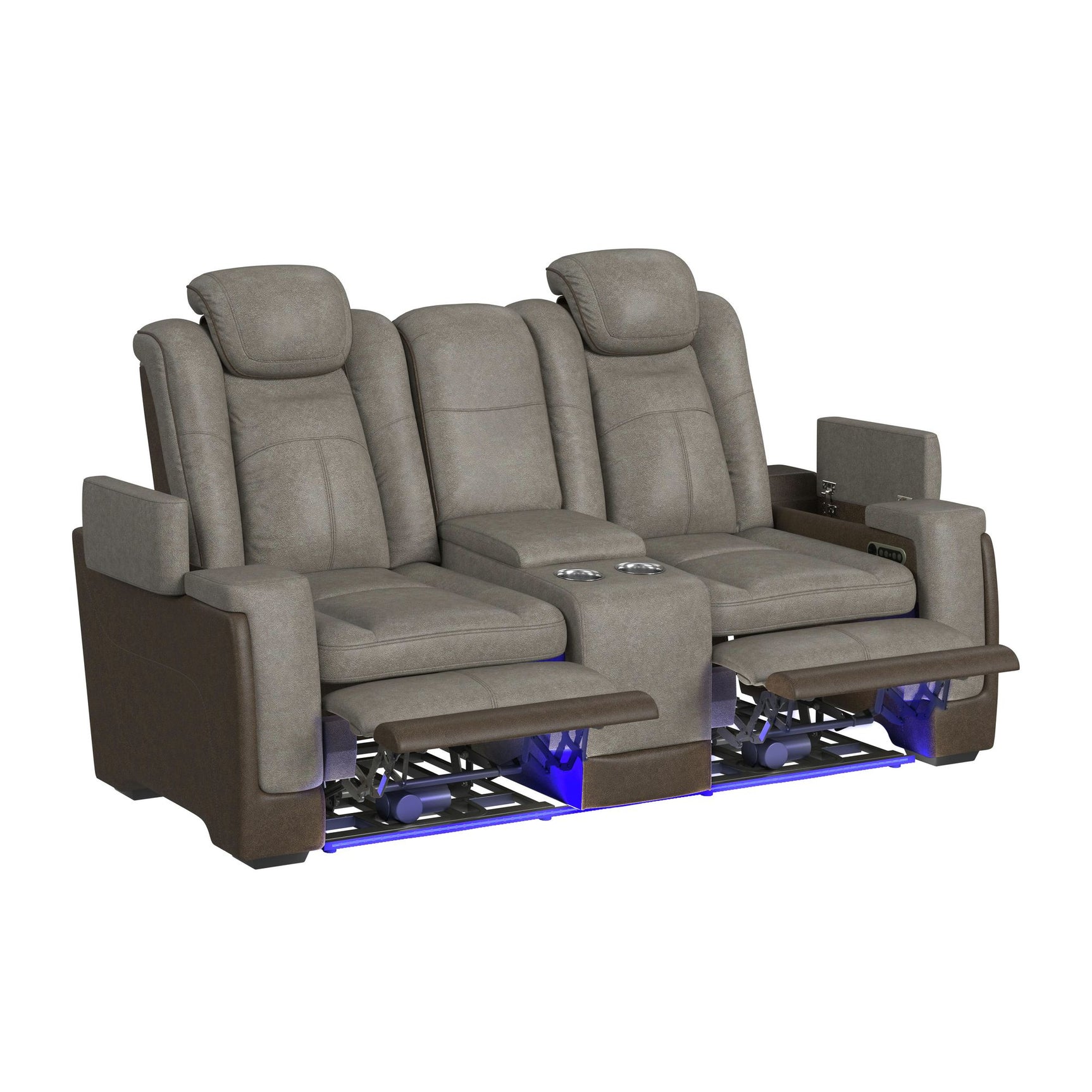 Lantana Power Motion Loveseat with Power Headrest, Led, and Console in Rocky Grey/Brown - Tampa Furniture Outlet