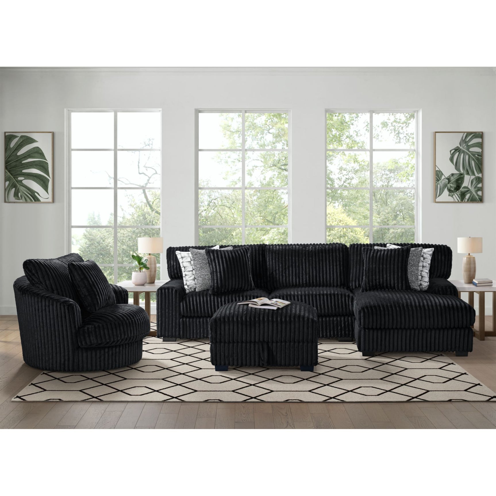 Nightfall RHF Chaise in Grand Cord Black with 2 self Pillows 20" - Tampa Furniture Outlet