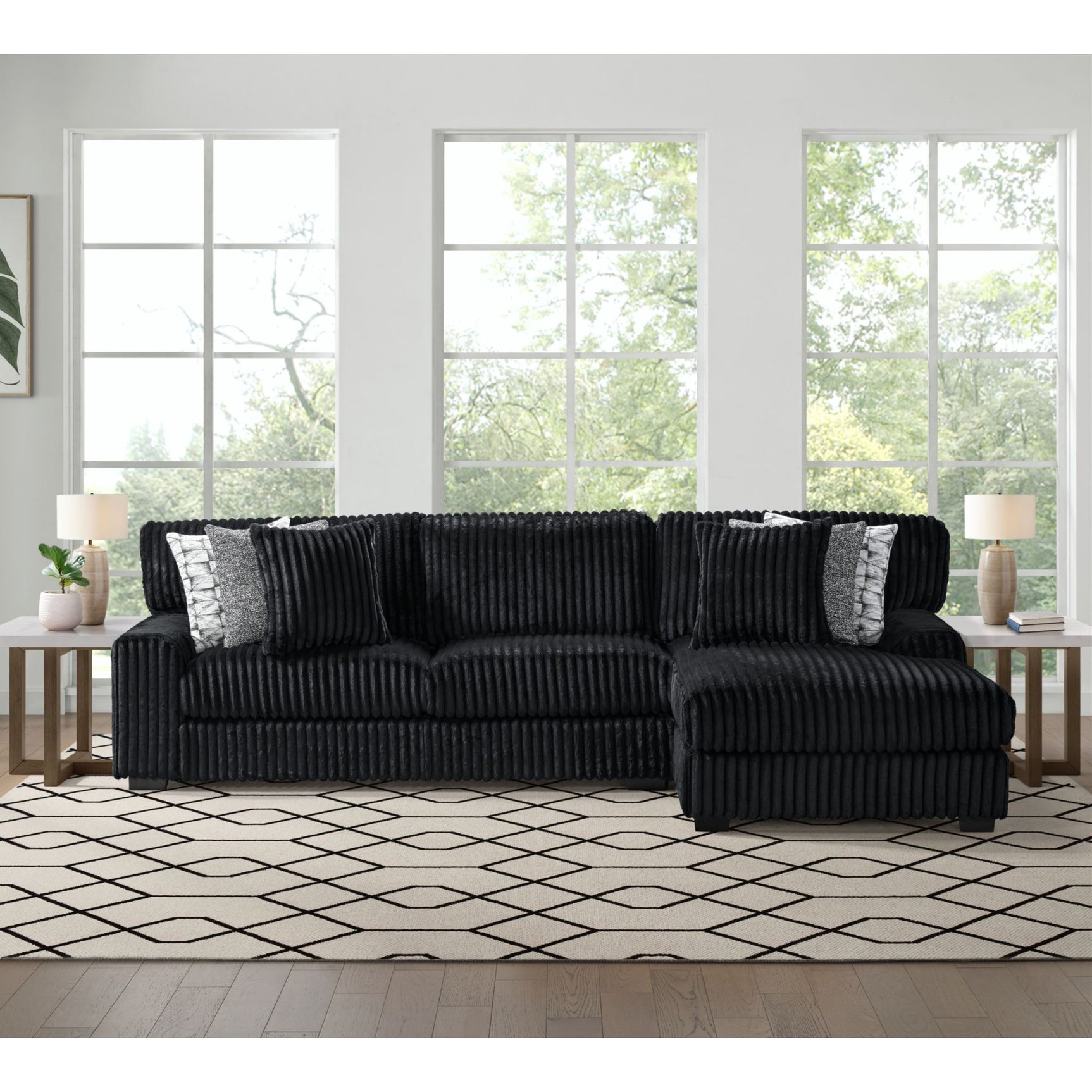 Nightfall RHF Chaise in Grand Cord Black with 2 self Pillows 20" – SKU U-16570-10473-157 | Elements