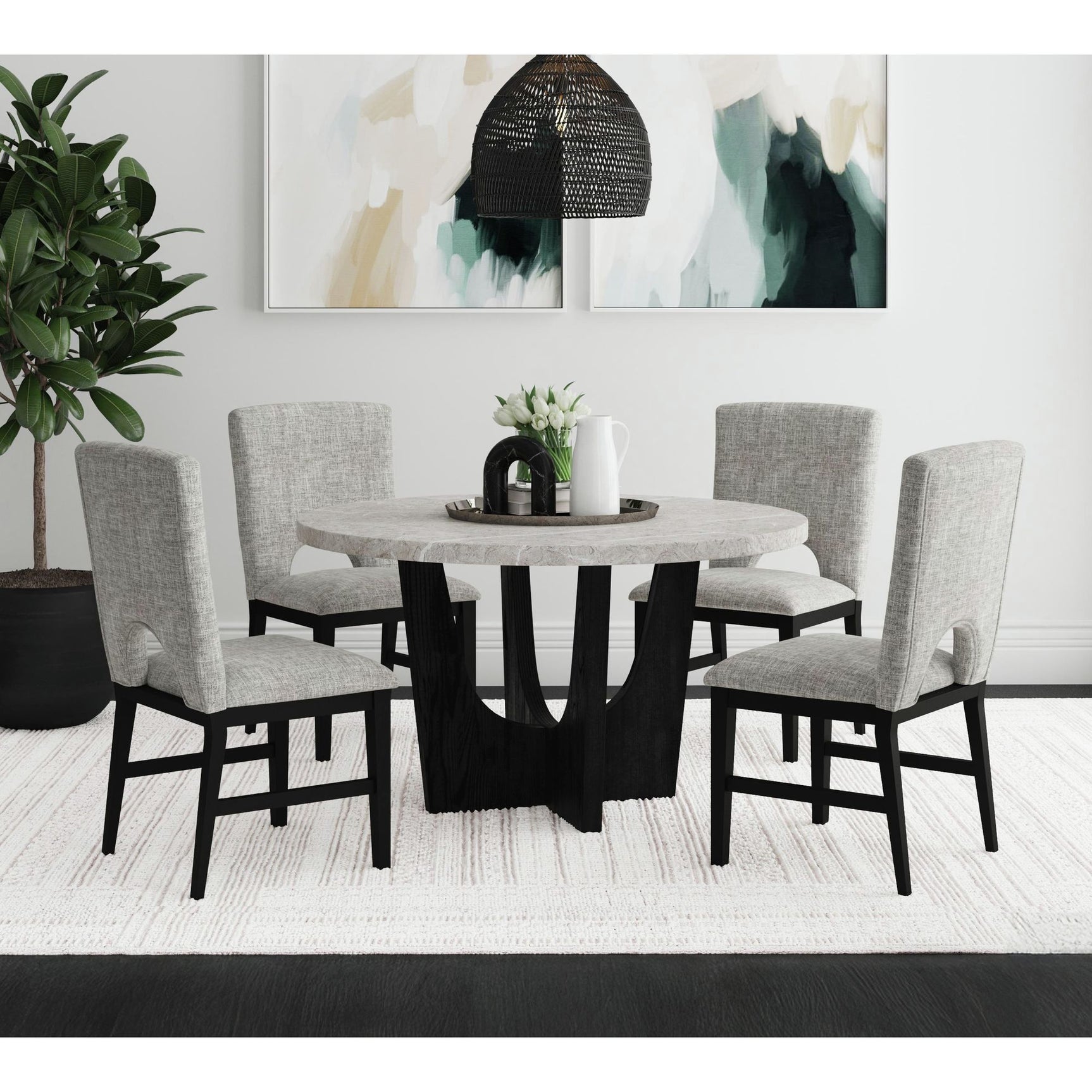 Oregon Round Dining Table with Grey Faux Marble Top in Black – SKU D-17380-8-DT2 | Elements
