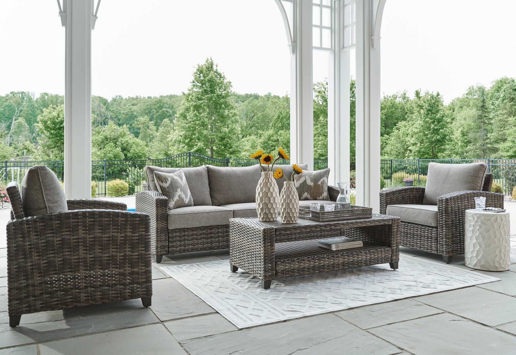 Tampa Furniture Outlet - Ashley Furniture - Oasis Court Outdoor - Sofa/Chairs/Table Set (4/CN) / Gray - P335-081