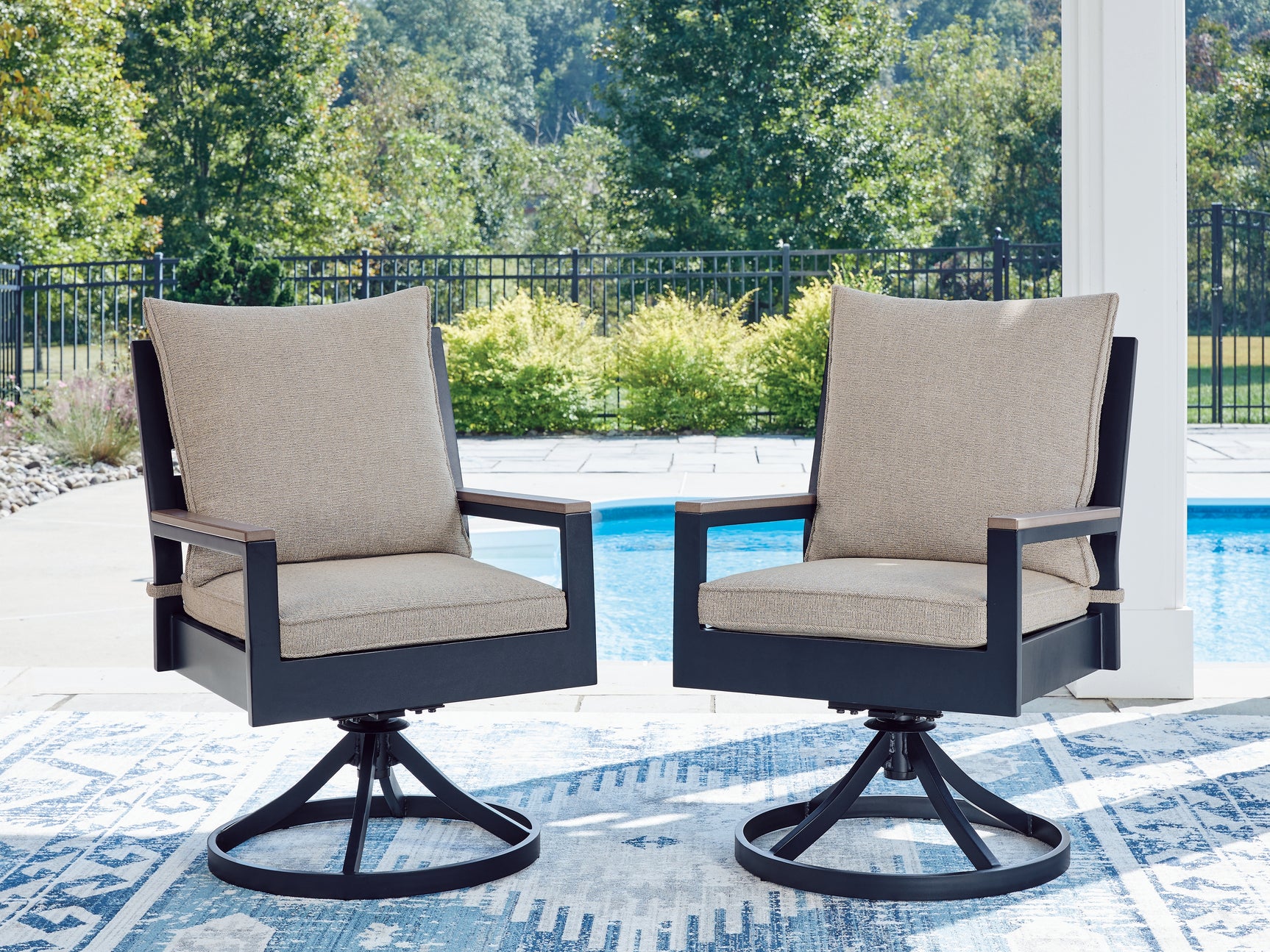 Tampa Furniture Outlet - Ashley Furniture - East Beach Outdoor - Swivel Chair w/Cushion (Set of 2) / Navy Blue/Driftwood - PCP587-602A