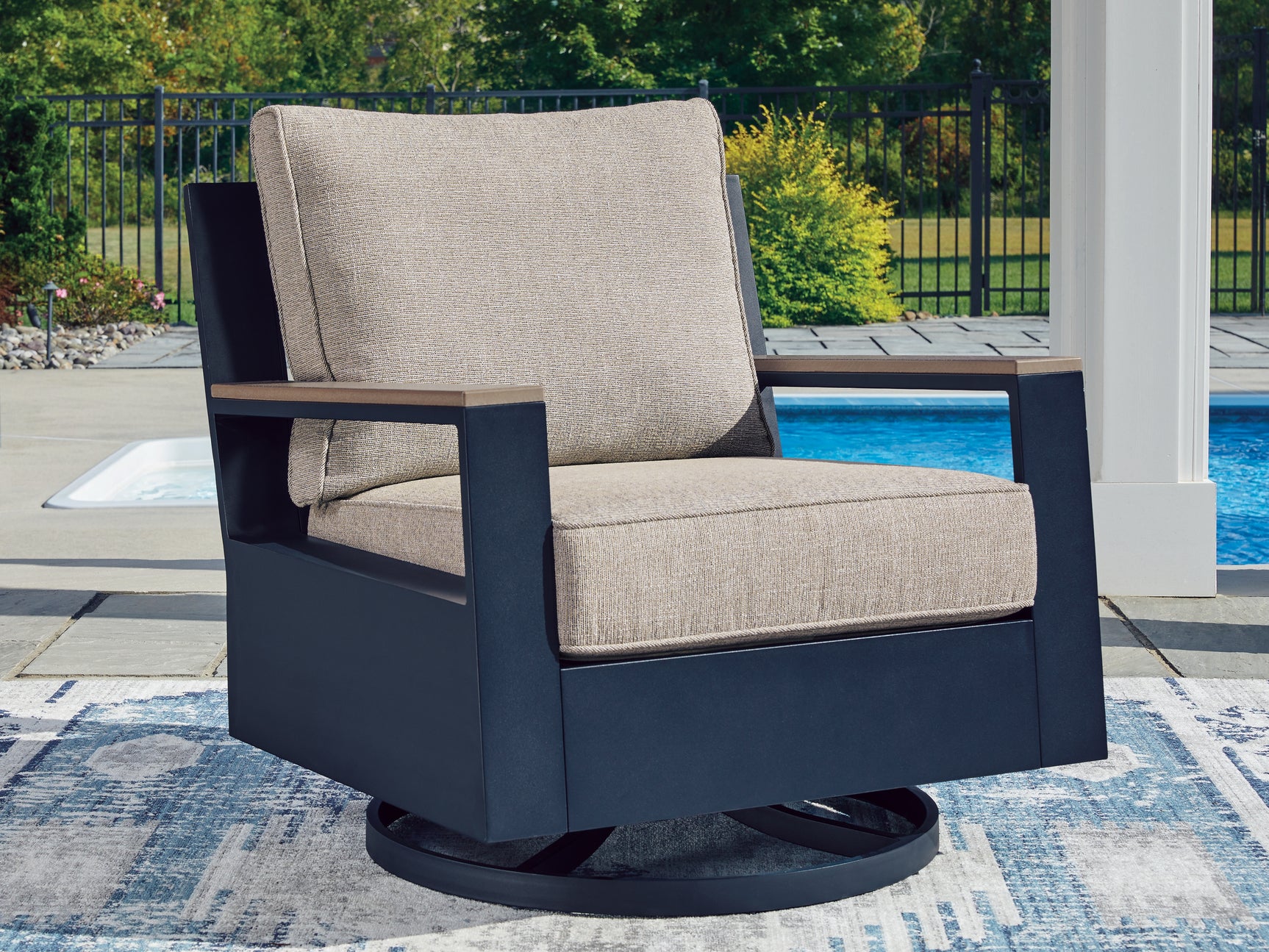 Tampa Furniture Outlet - Ashley Furniture - East Beach Outdoor - Swivel Glider Chair w/Cushion / Navy Blue/Driftwood - PCP587-821
