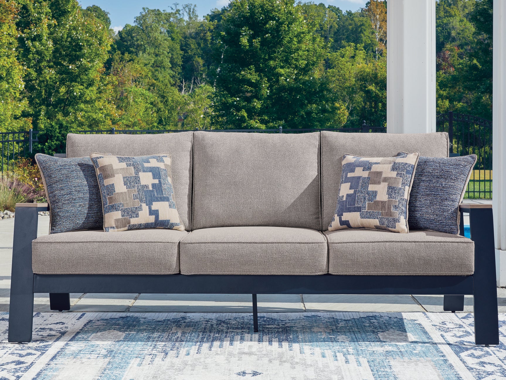 Tampa Furniture Outlet - Ashley Furniture - East Beach Outdoor - Sofa with Cushion / Navy Blue/Driftwood - PCP587-838
