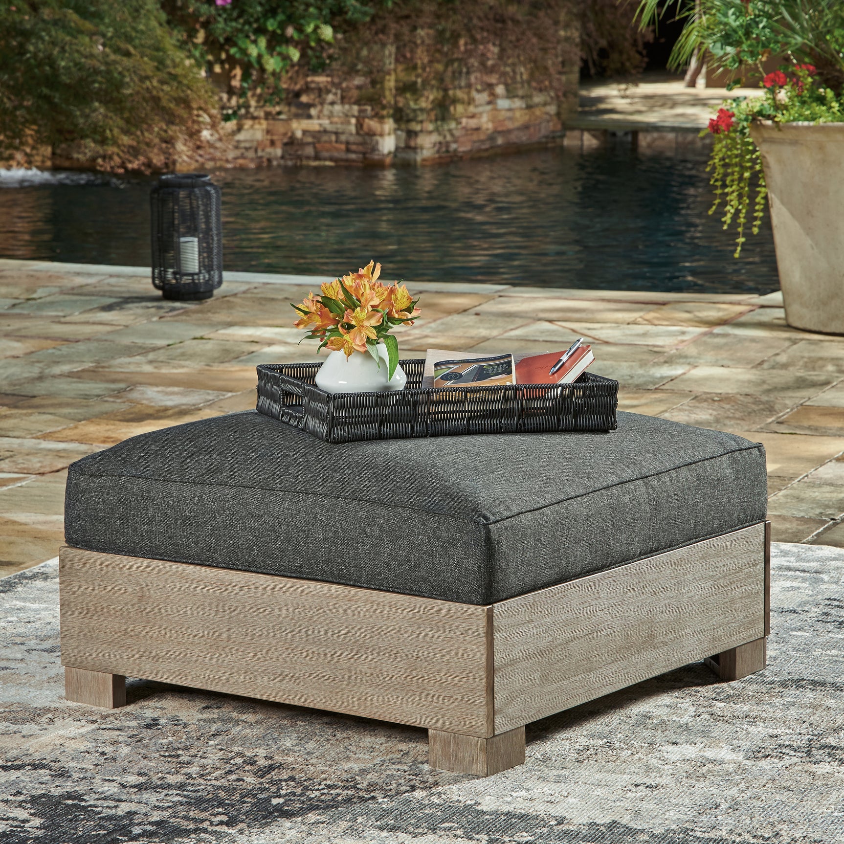 Tampa Furniture Outlet - Ashley Furniture - Citrine Park Outdoor - Ottoman with Cushion / Brown/Charcoal - P660-814