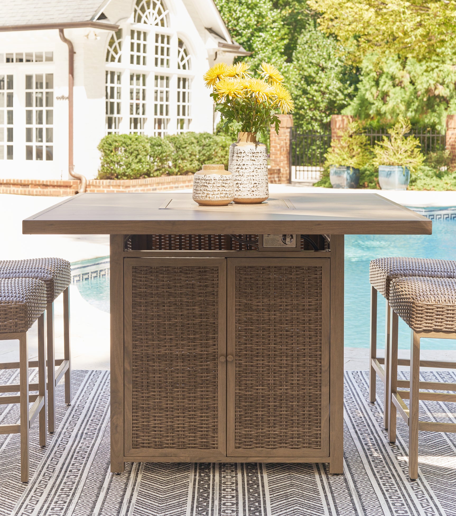 Tampa Furniture Outlet - Ashley Furniture - Walton Bridge Outdoor - Square Bar Table w/Fire Pit / Driftwood - P749-665