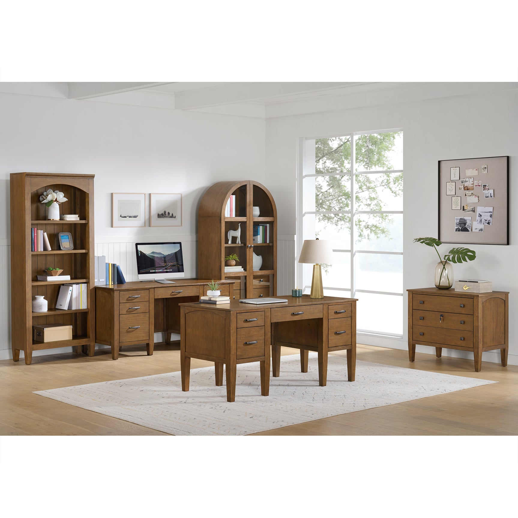 Portico Double Pedestal Desk with Power/USB in Brown Oak - Tampa Furniture Outlet