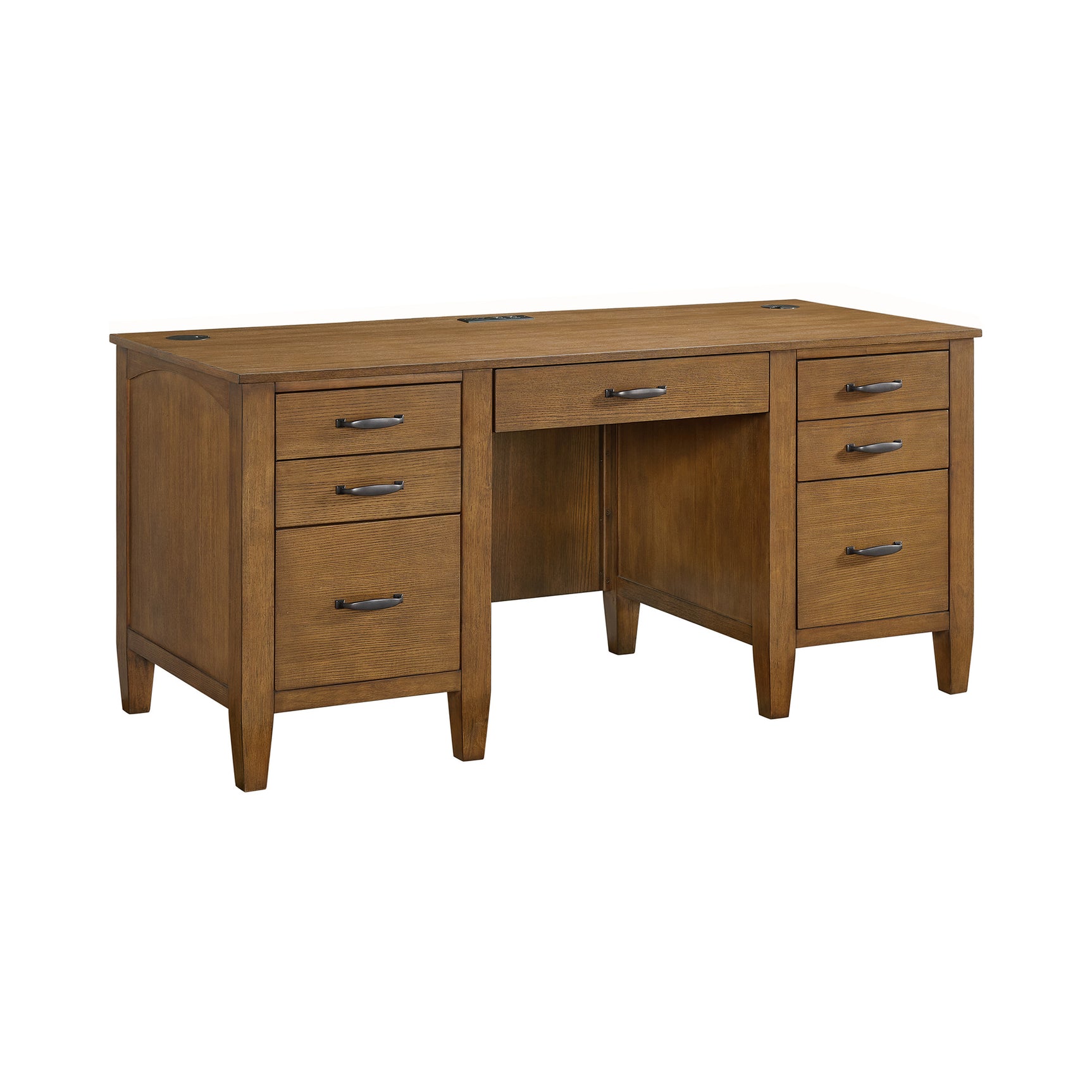 Portico Double Pedestal Desk with Power/USB in Brown Oak