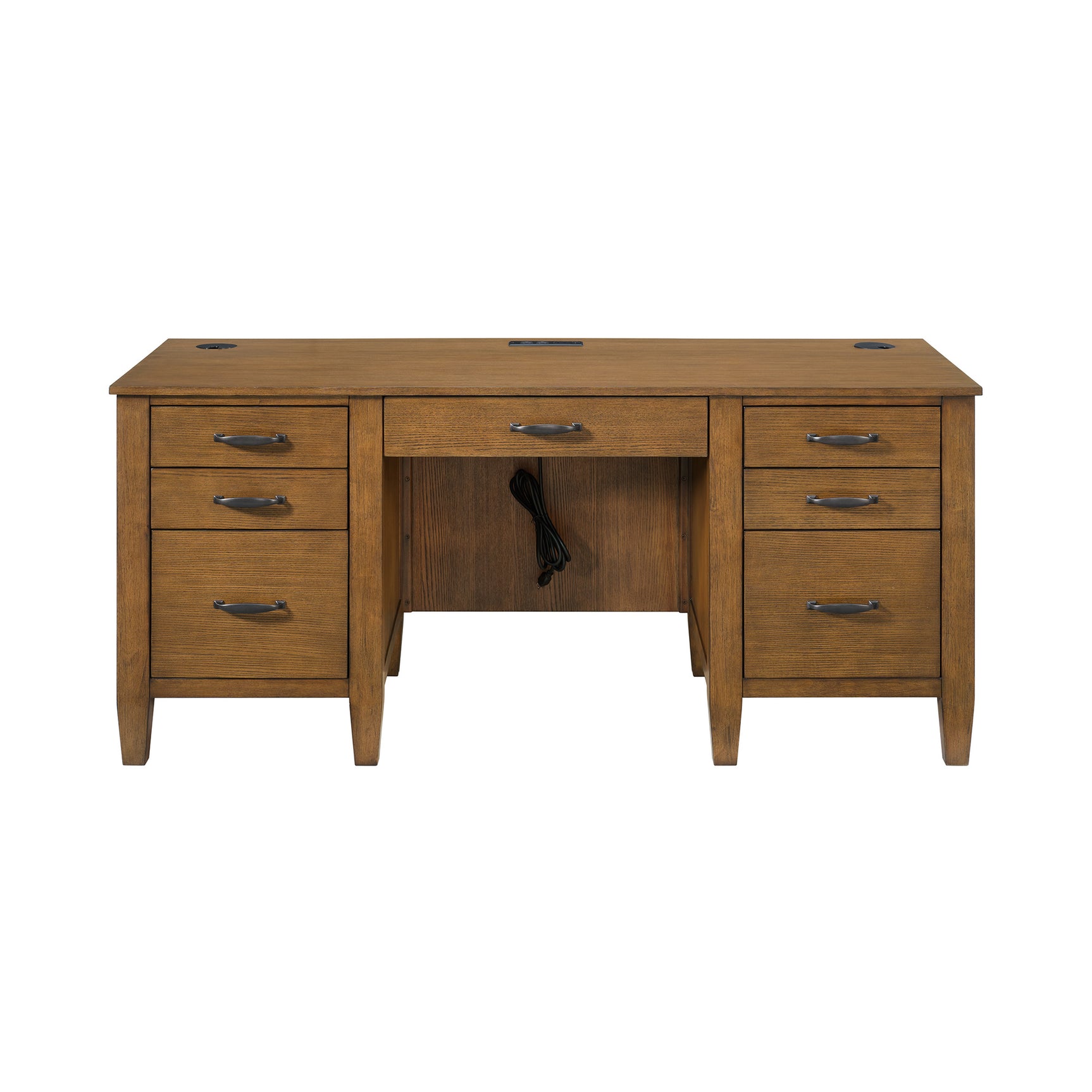 Portico Double Pedestal Desk with Power/USB in Brown Oak